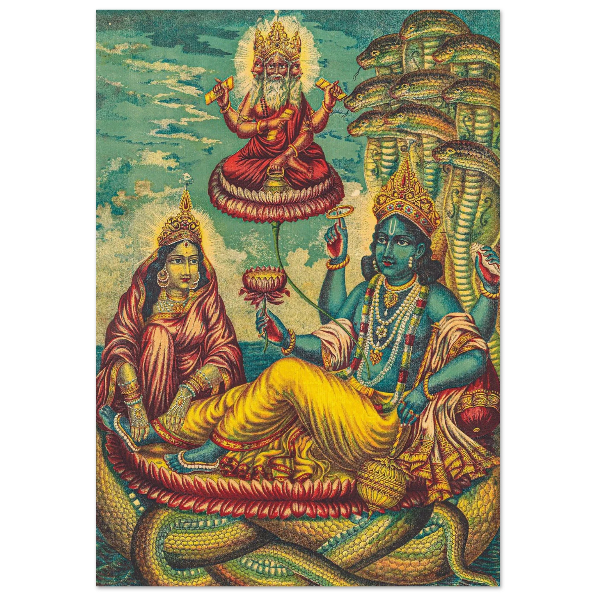 Hindu god Vishnu reclining on multiheaded serpent Shesha, lotus and discus in hands, river scene behind