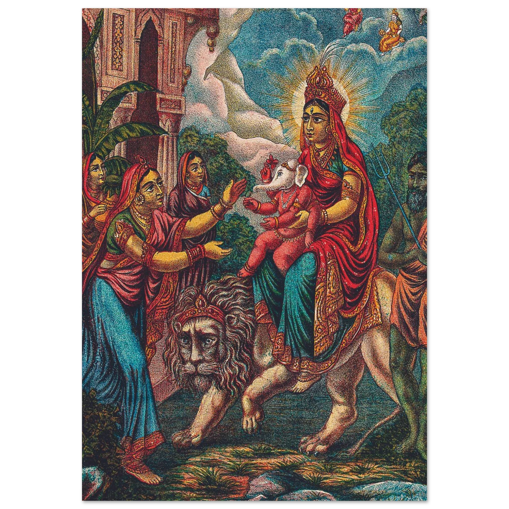 Durga-like goddess riding a lion and offering infant Ganesha to a woman, surrounded by divine beings and devotees in a lush forest temple scene.