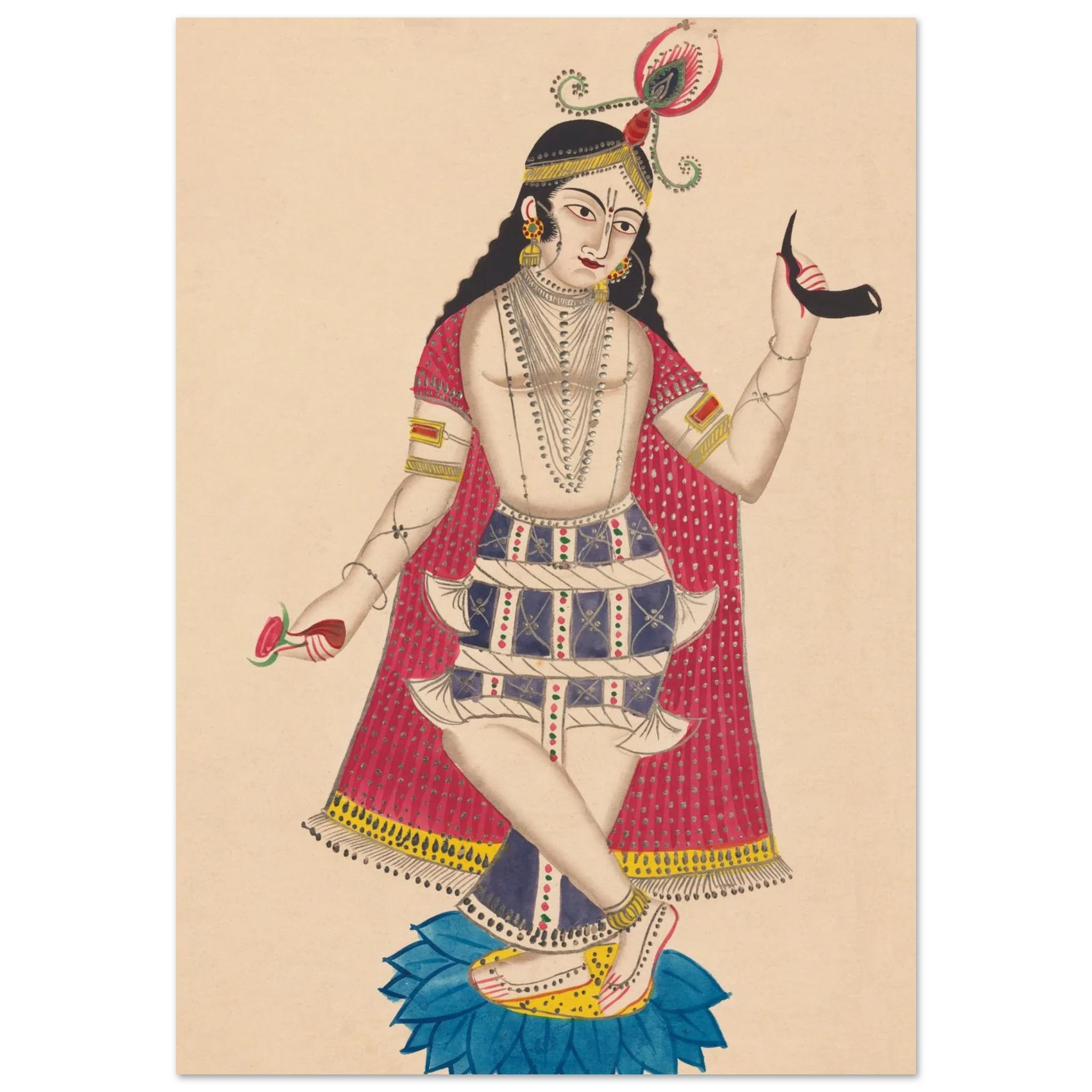 Traditional artwork of Balarama standing on a lotus with ornaments and symbolic objects