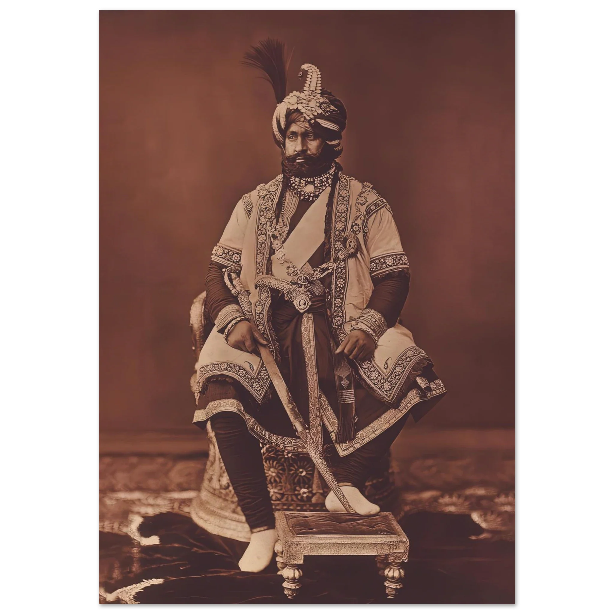 Regal portrait of the Maharaja of Jammu and Kashmir dressed in ornate robes and traditional Indian regalia.