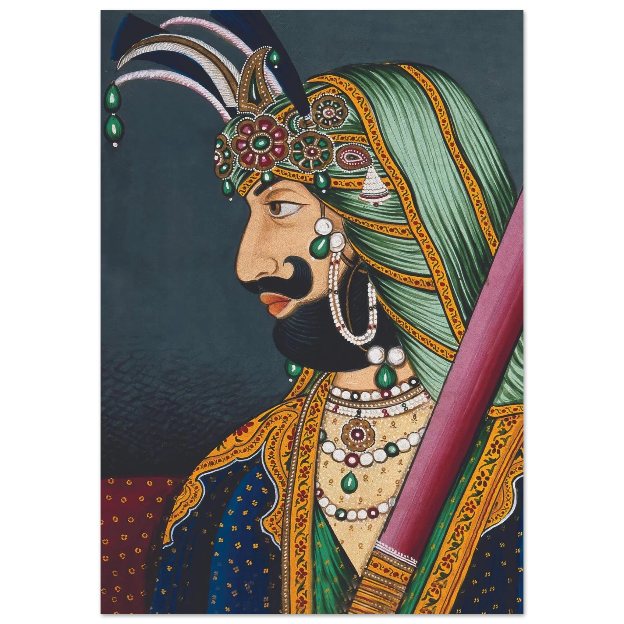 Portrait of a Hindu Raja in ornate royal attire with jeweled turban and traditional sword