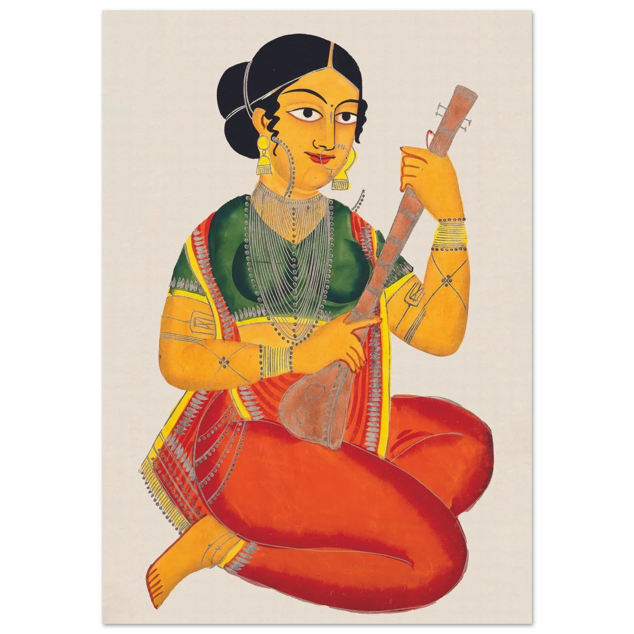 Traditional Indian courtesan playing a sitar, ornate jewelry and textiles detailed against a neutral background