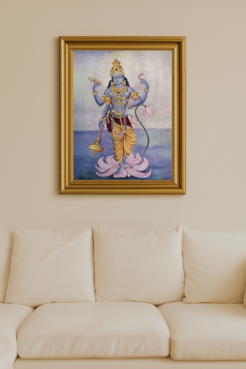 Lord Vishnu with four arms standing on a lotus, holding conch, discus, mace, and lotus flower.