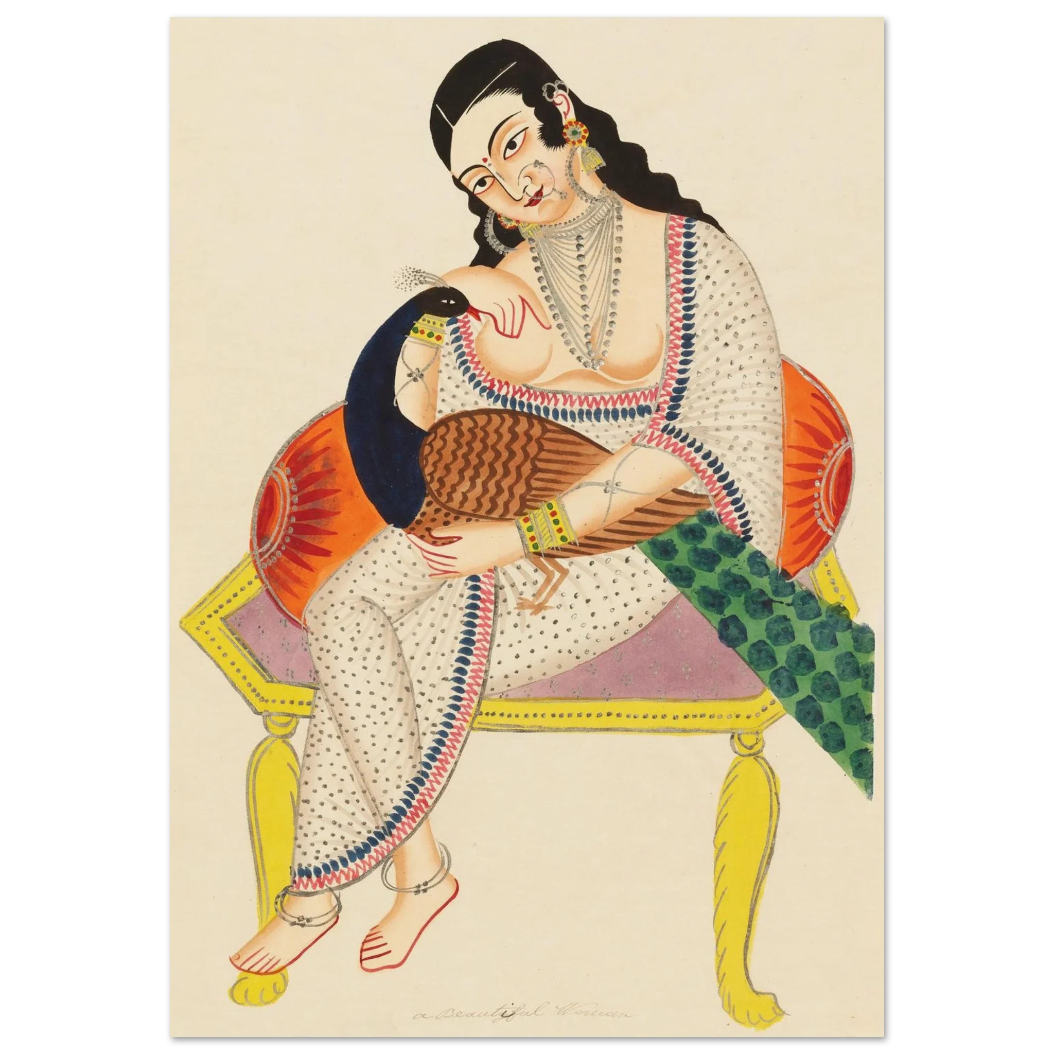 Indian painting of woman embracing a peacock