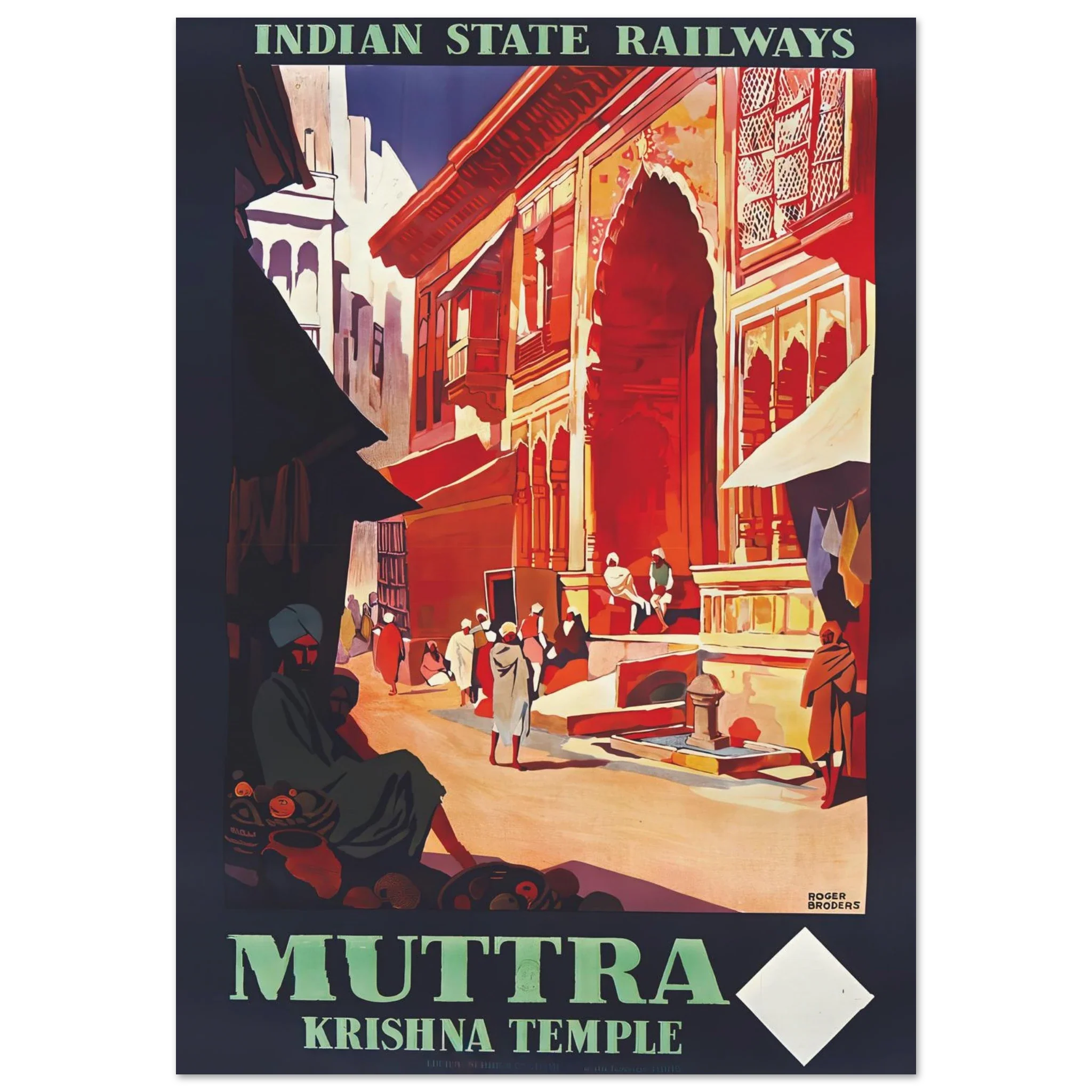 Vintage poster of Indian State Railways featuring Krishna Temple in Muttra by Roger Broders