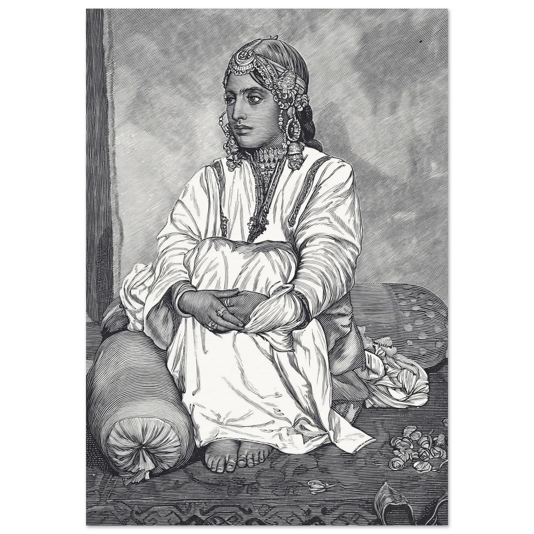 Begoo, a Kashmiri nautch girl, seated with folded arms and adorned in traditional jewelry and garments.