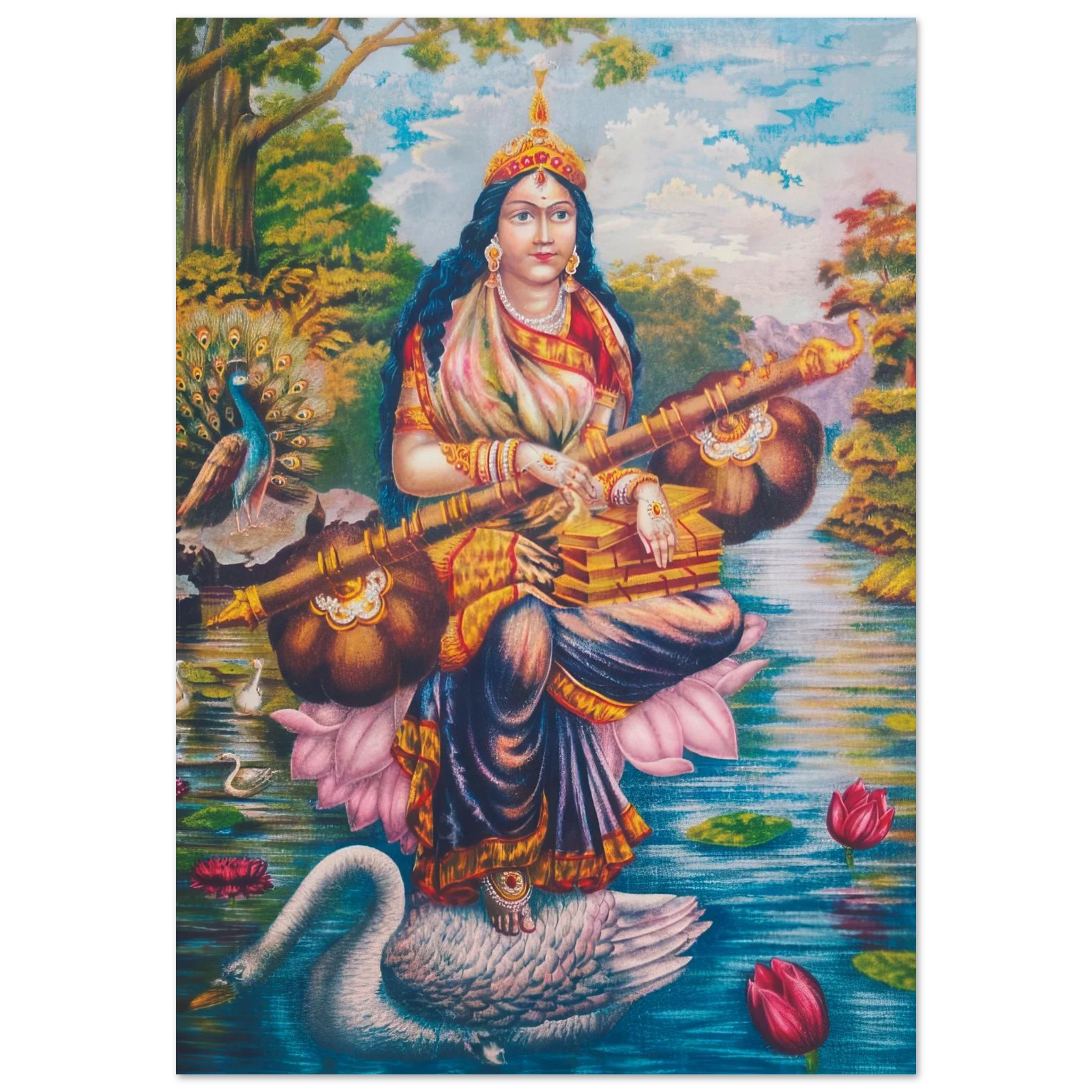Color chromolithograph of Saraswati on a swan in lotus pond, holding sitar and books.
