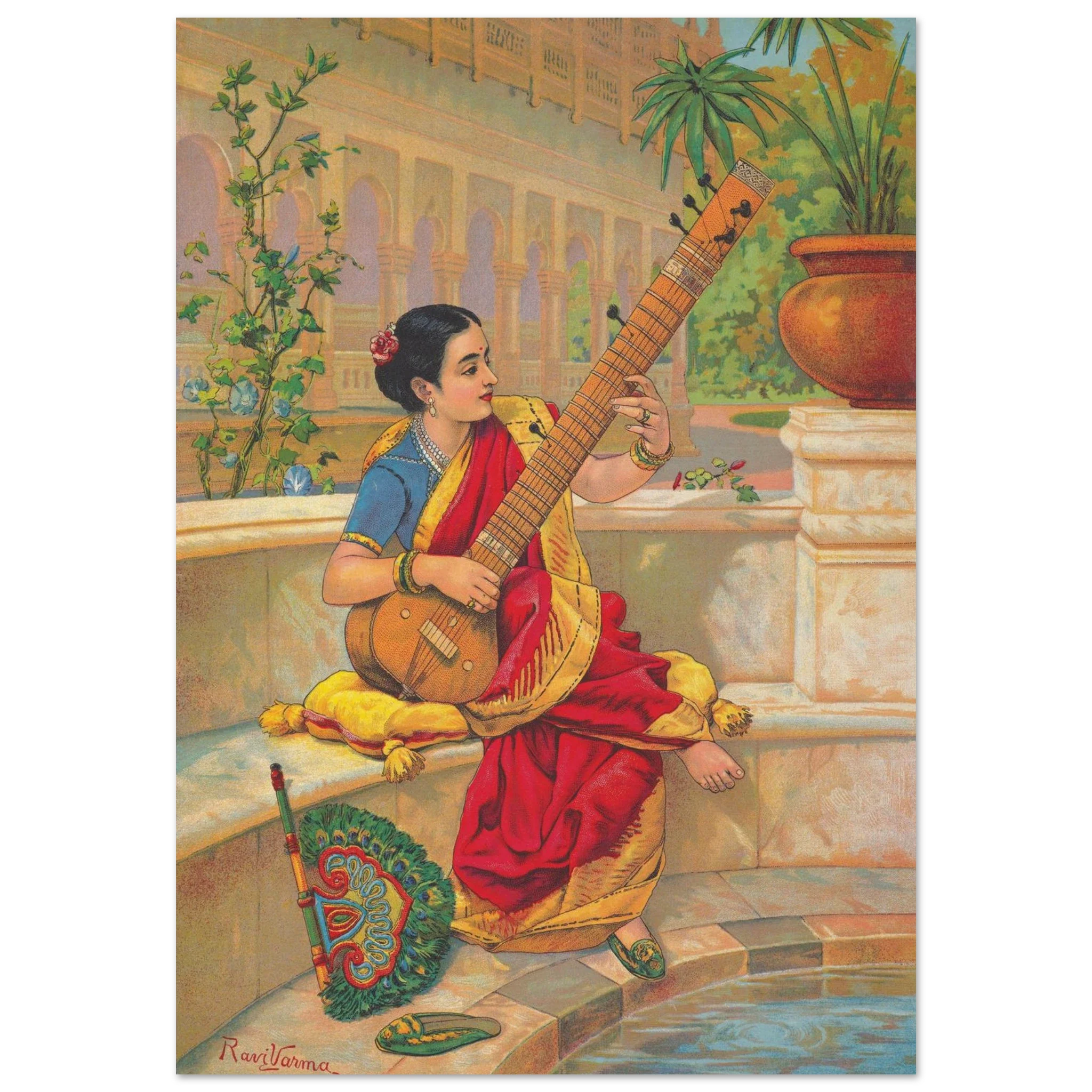 Woman playing a sitar in a lush garden courtyard, jasmine vines and marble balustrade