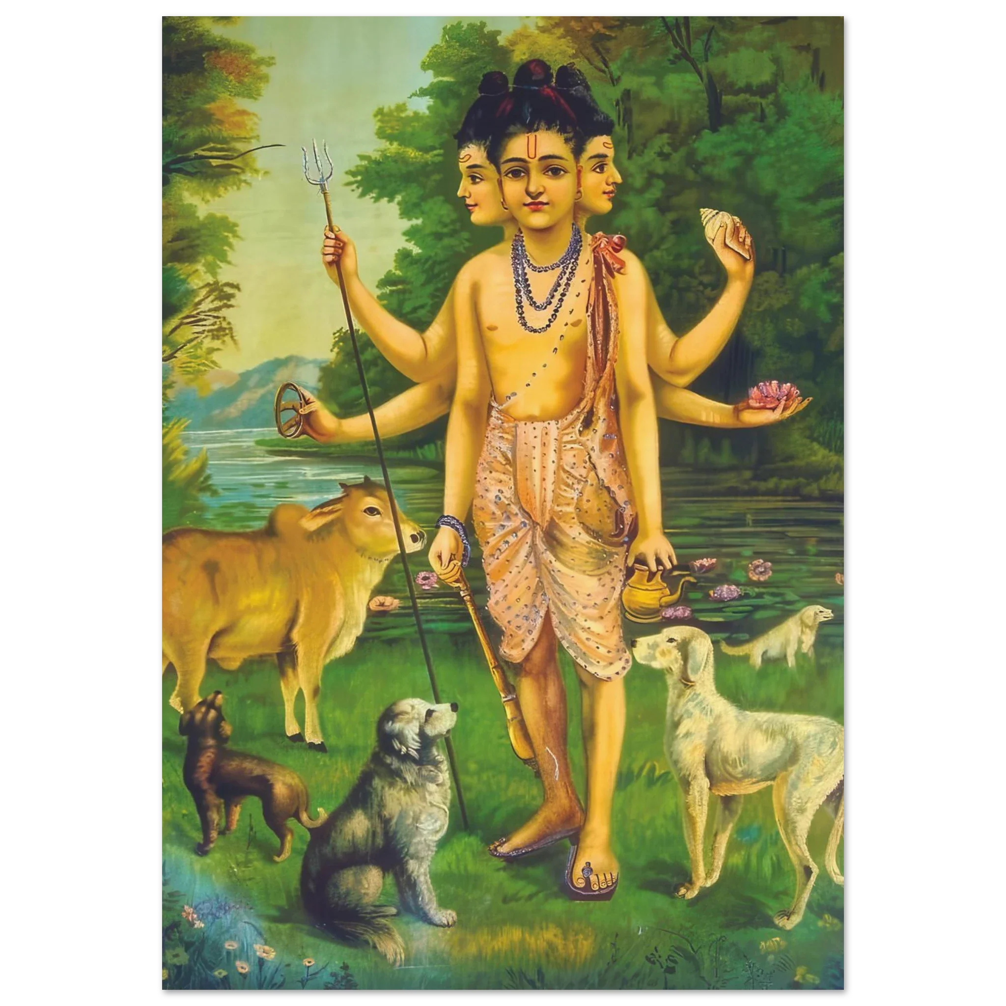 Painting of Dattatreya with six arms, surrounded by animals in a green forest