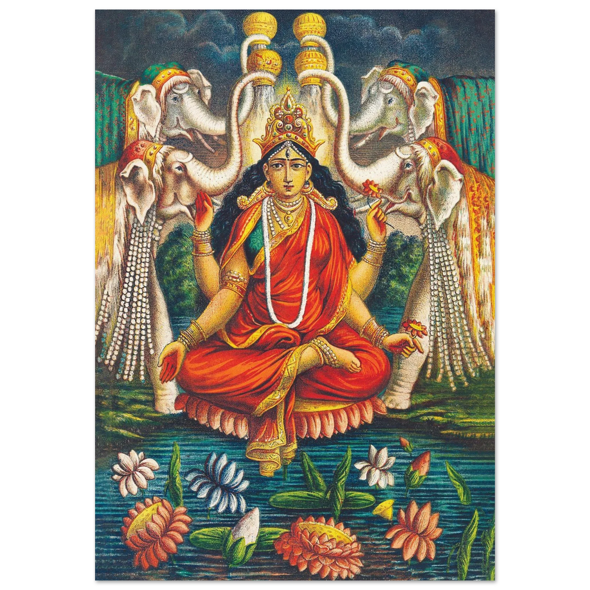 Kamala Bhairavi seated on a lotus with elephants, red attire, and floral offerings