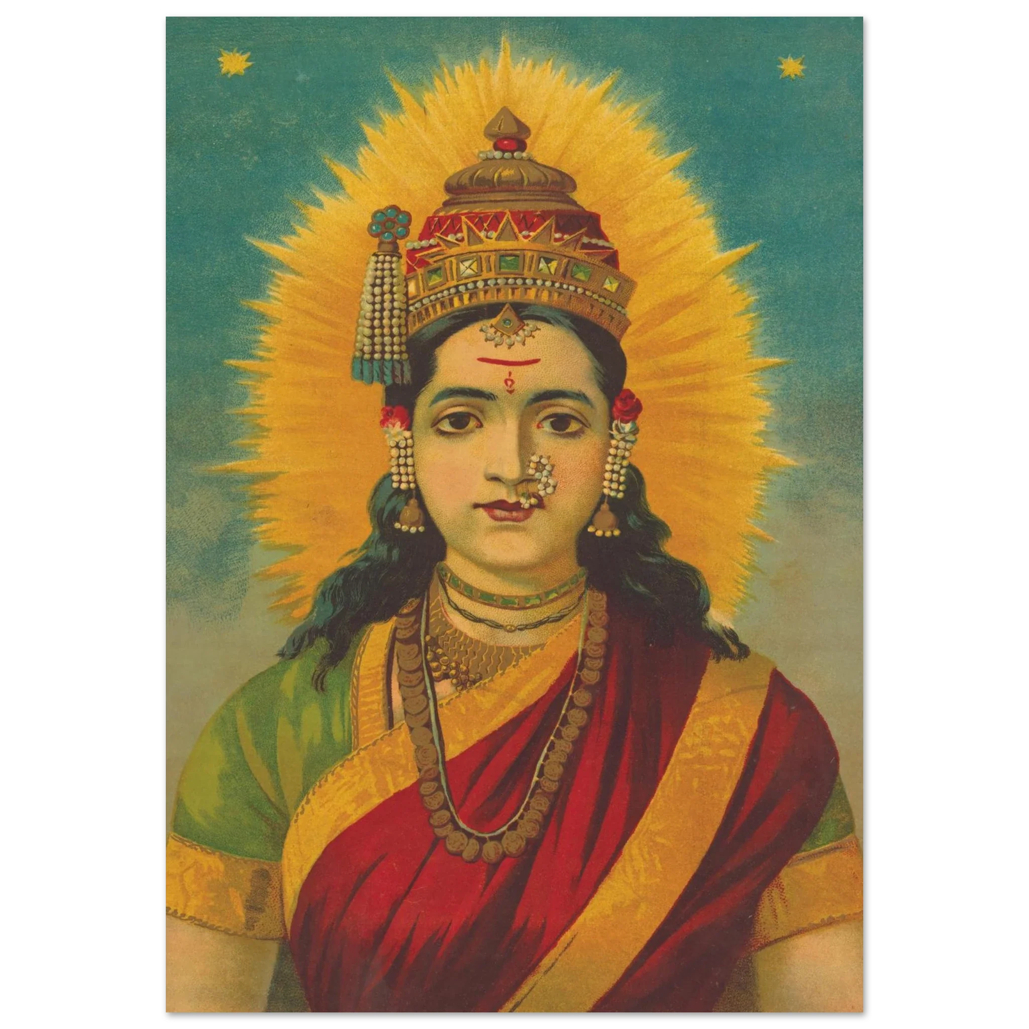 Goddess Gauri with golden halo, traditional Maharashtrian jewelry and saree.