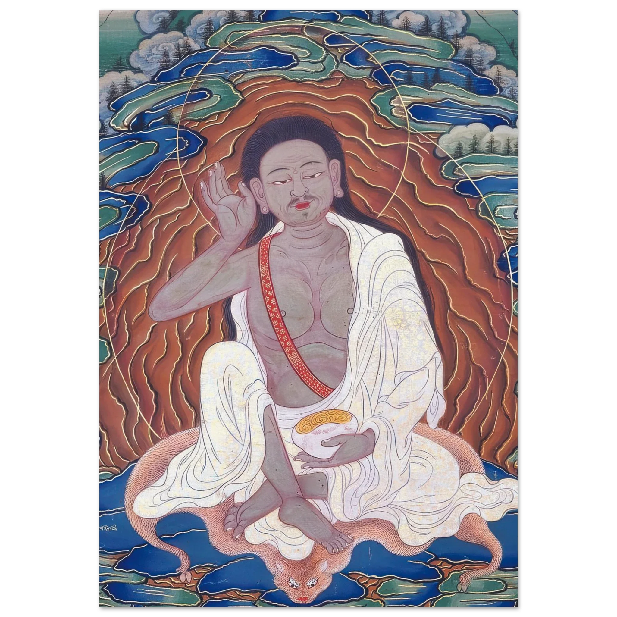 Bhutanese painted thanka of Milarepa, seated on tiger skin in meditation with one hand raised to ear.