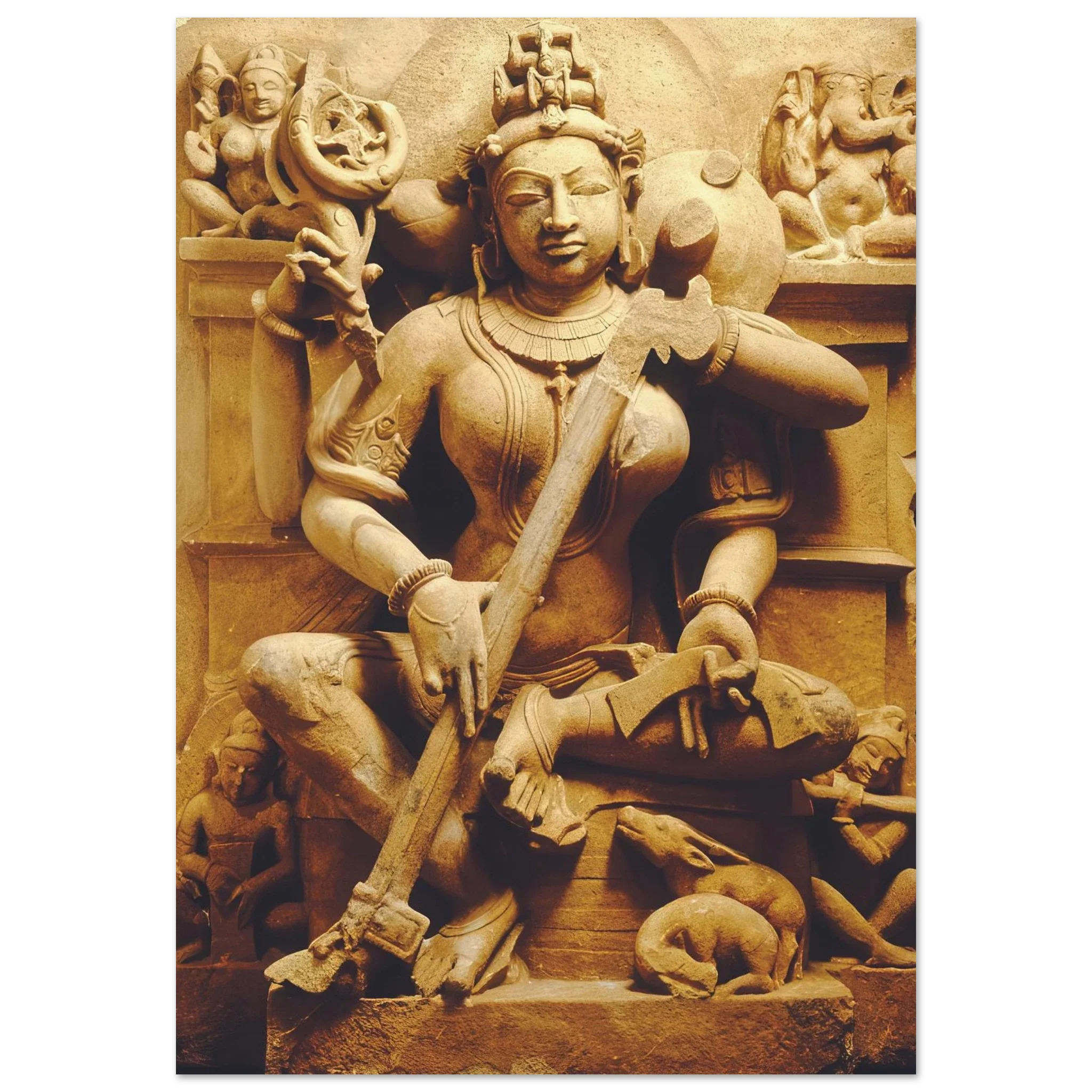 Stone sculpture of Sarasvati holding a veena, with symbolic figures and animals carved around her.