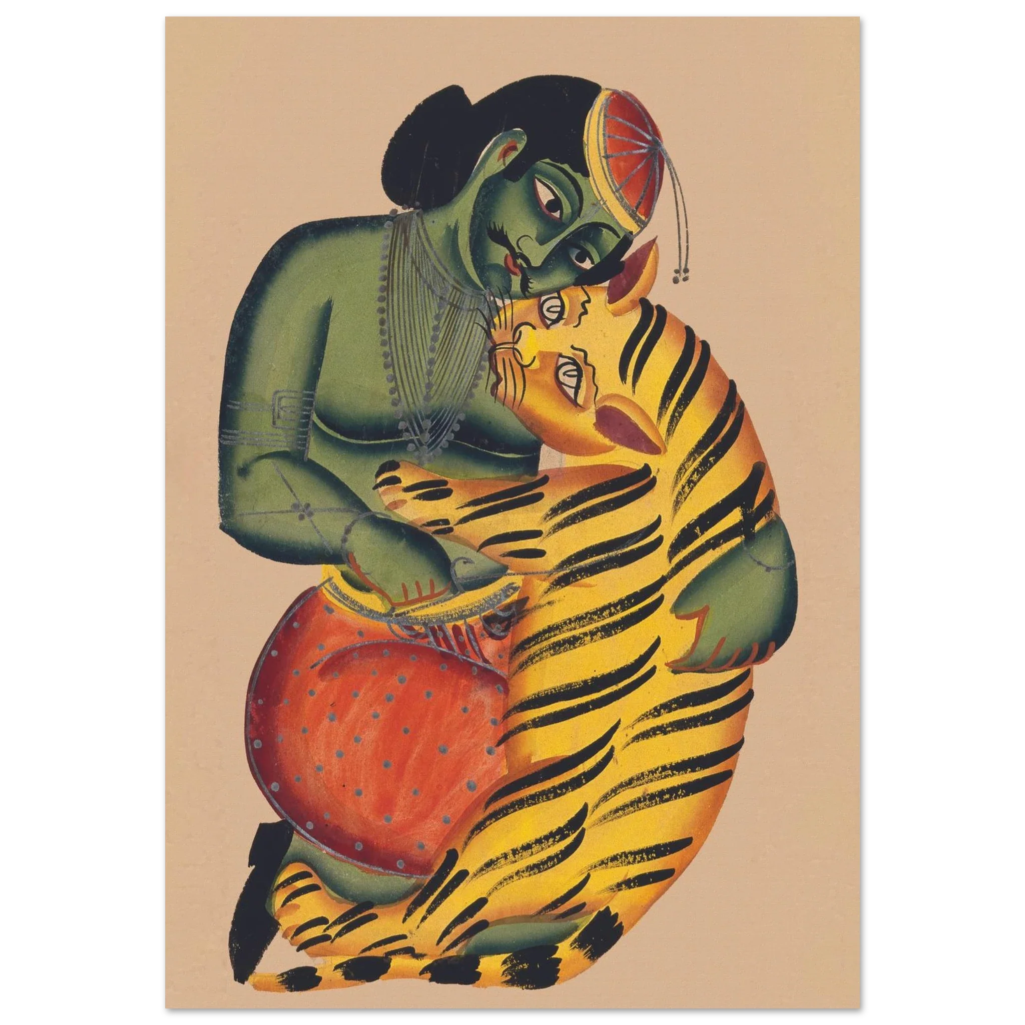 Folk-style painting of a green-skinned man wrestling a tiger in a stylized embrace