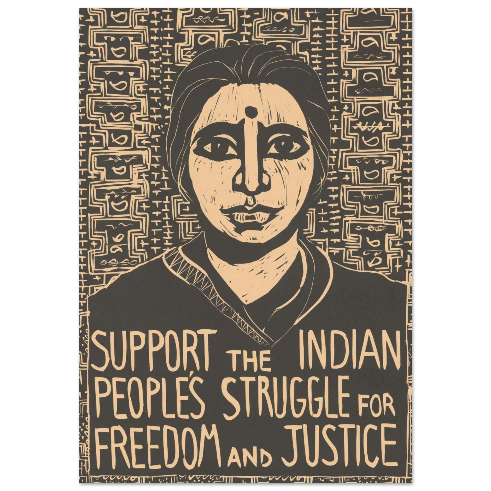 Woodcut of Indian woman with 'Support the Indian People's Struggle for Freedom and Justice' text