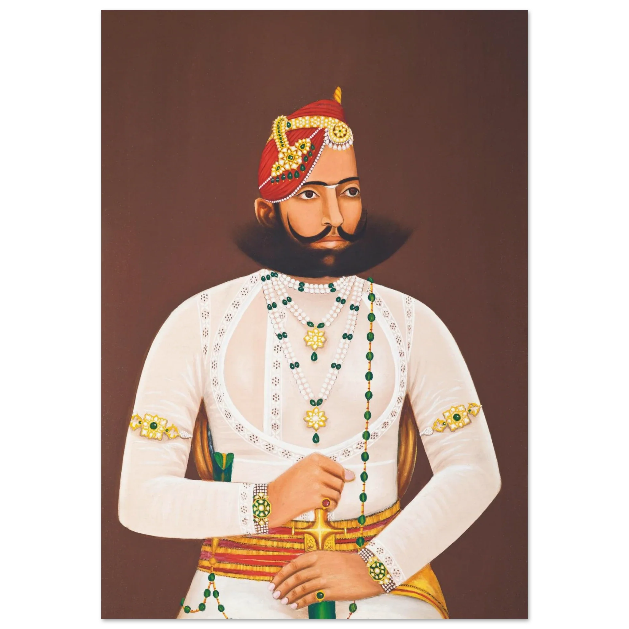 Portrait of Kunwar Sabal Singh wearing royal white attire with green and gold jewelry and a red turban