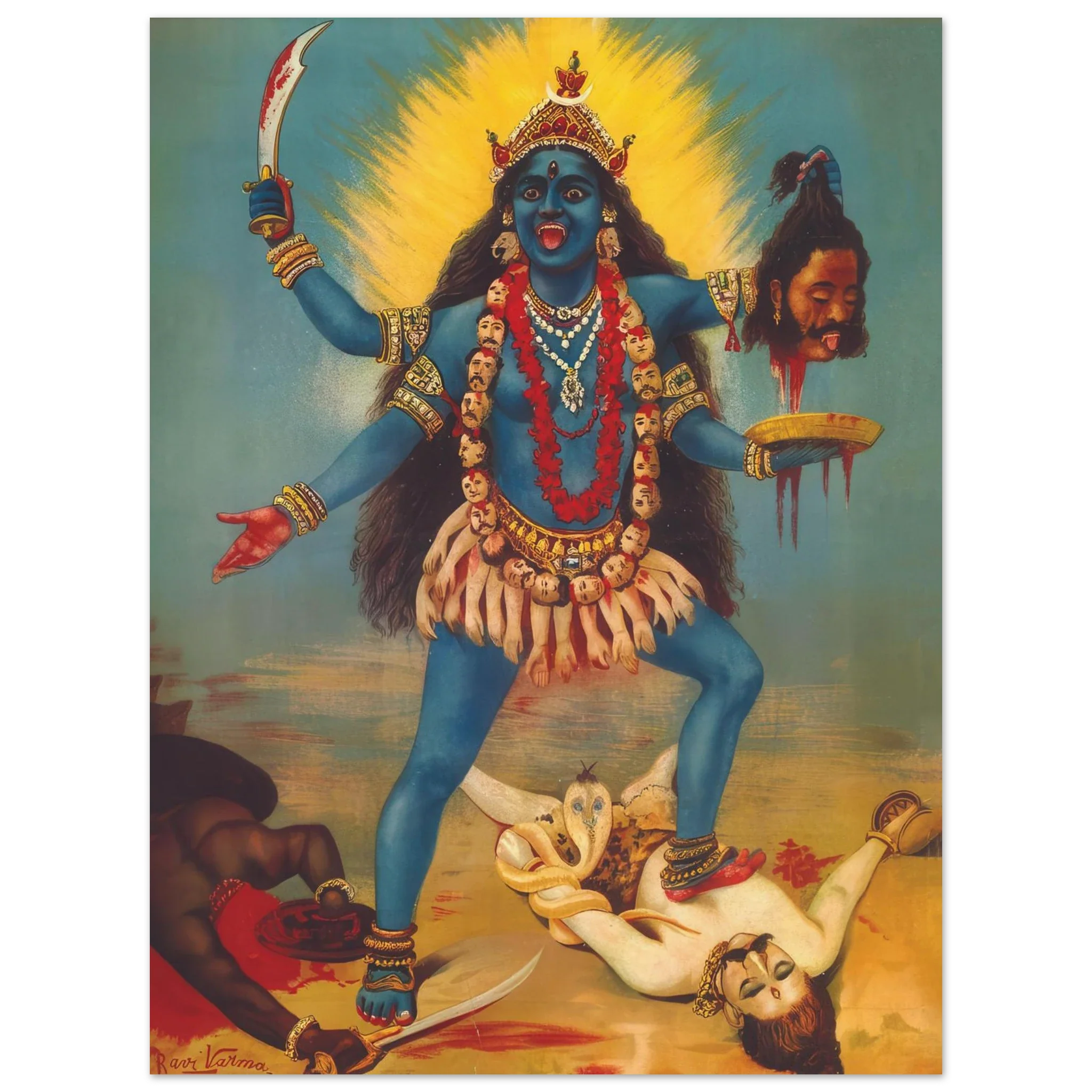 Goddess Kali depicted with blue skin, wild hair, severed head and sword, standing over a subdued Shiva.