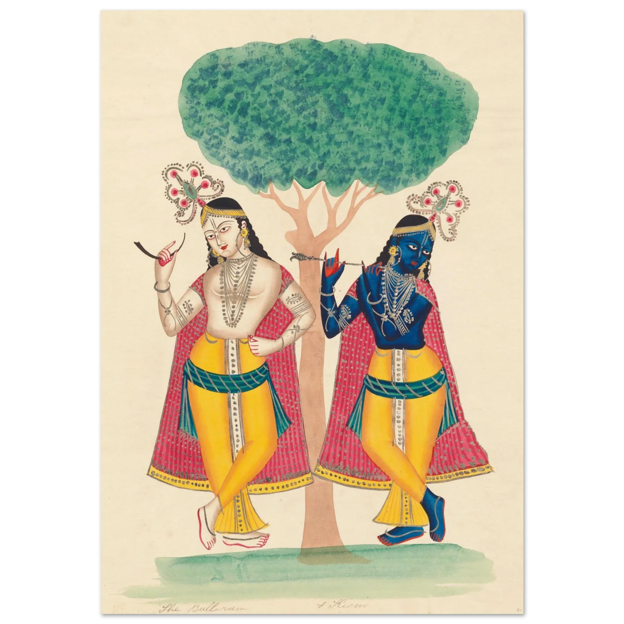 Krishna and Balarama standing near a tree in yellow dhotis, one blue-skinned with a flute