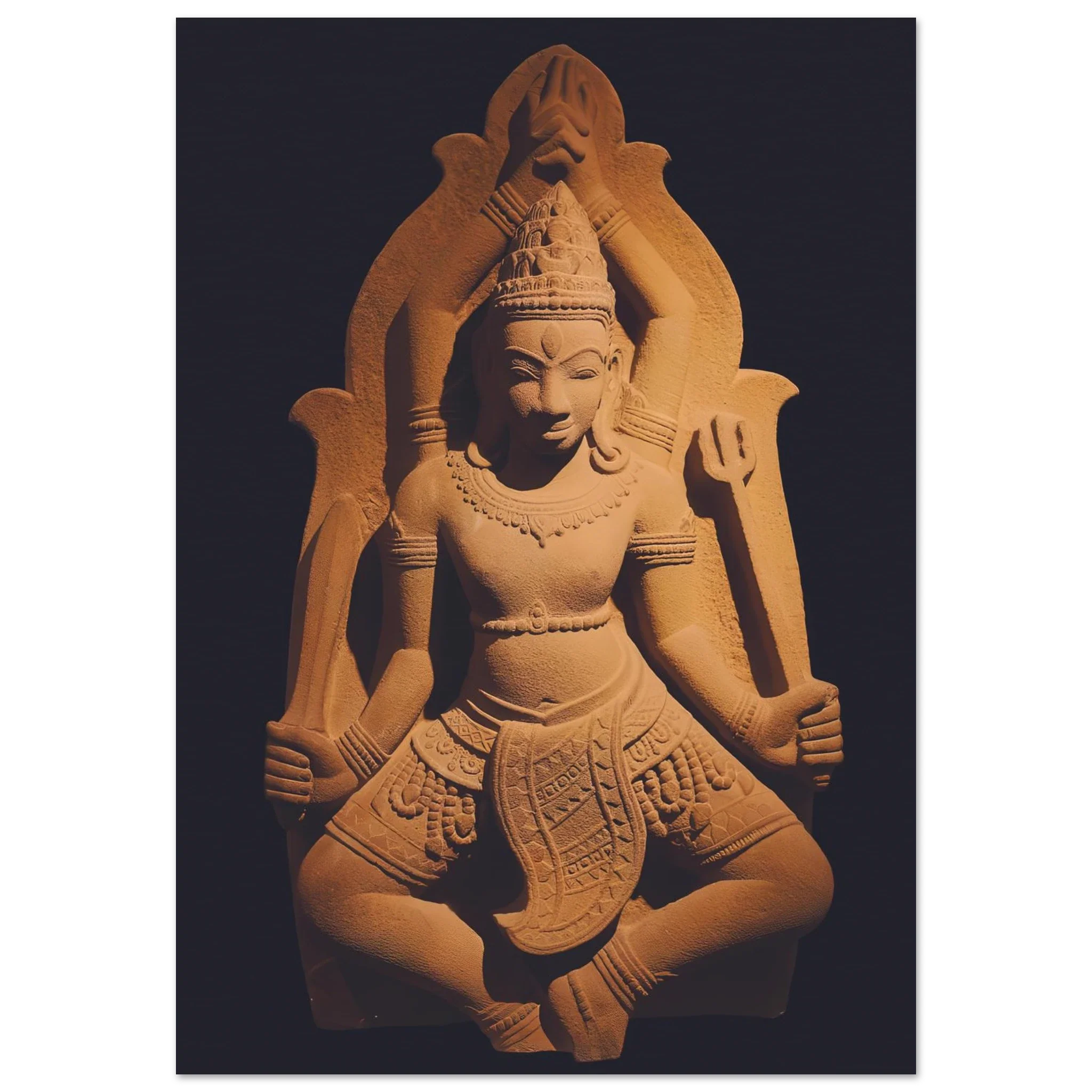 Sandstone statue of four-armed Shiva in Thap Mam style, hands clasped overhead