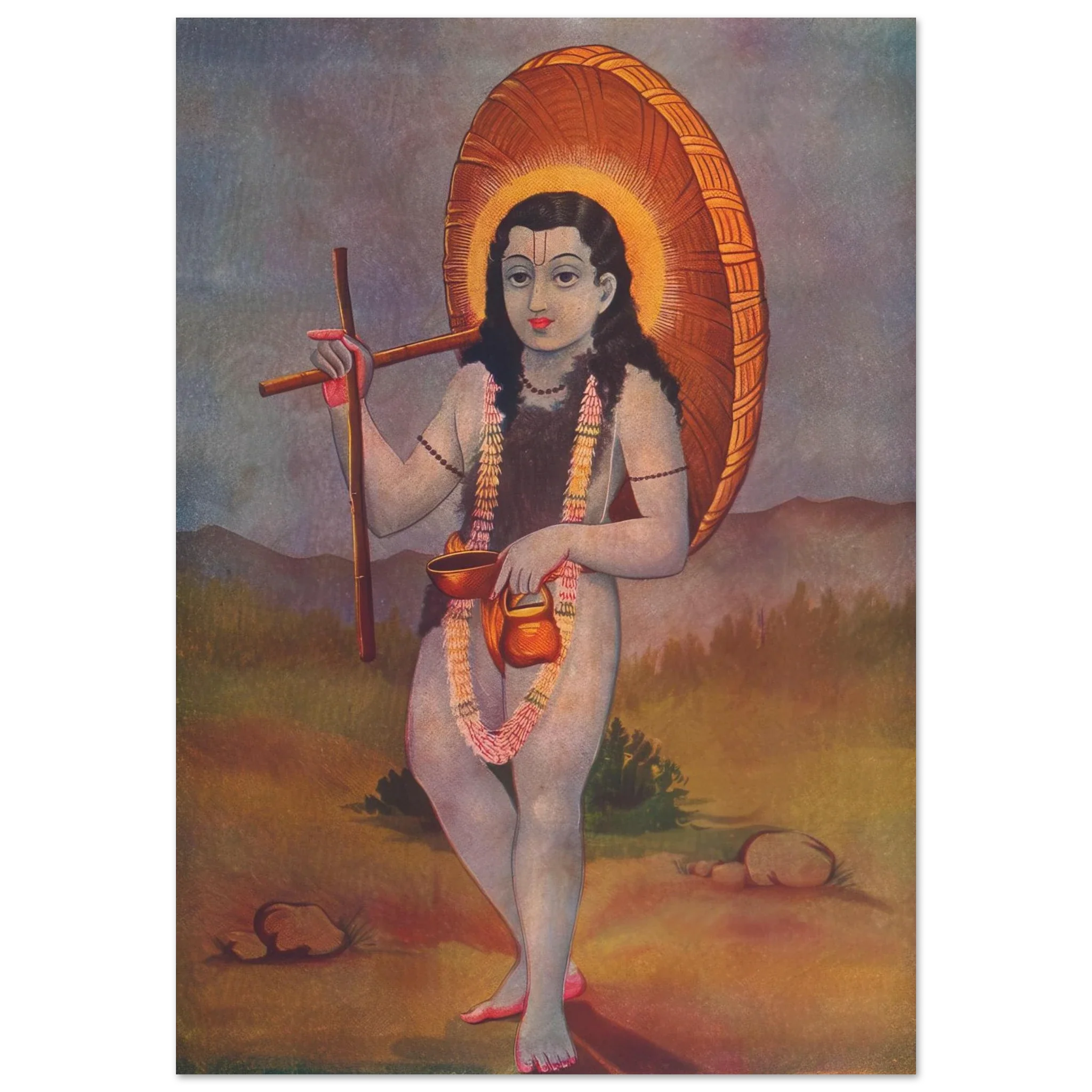 Painting of God Vamana holding parasol and pot, standing barefoot in a serene landscape