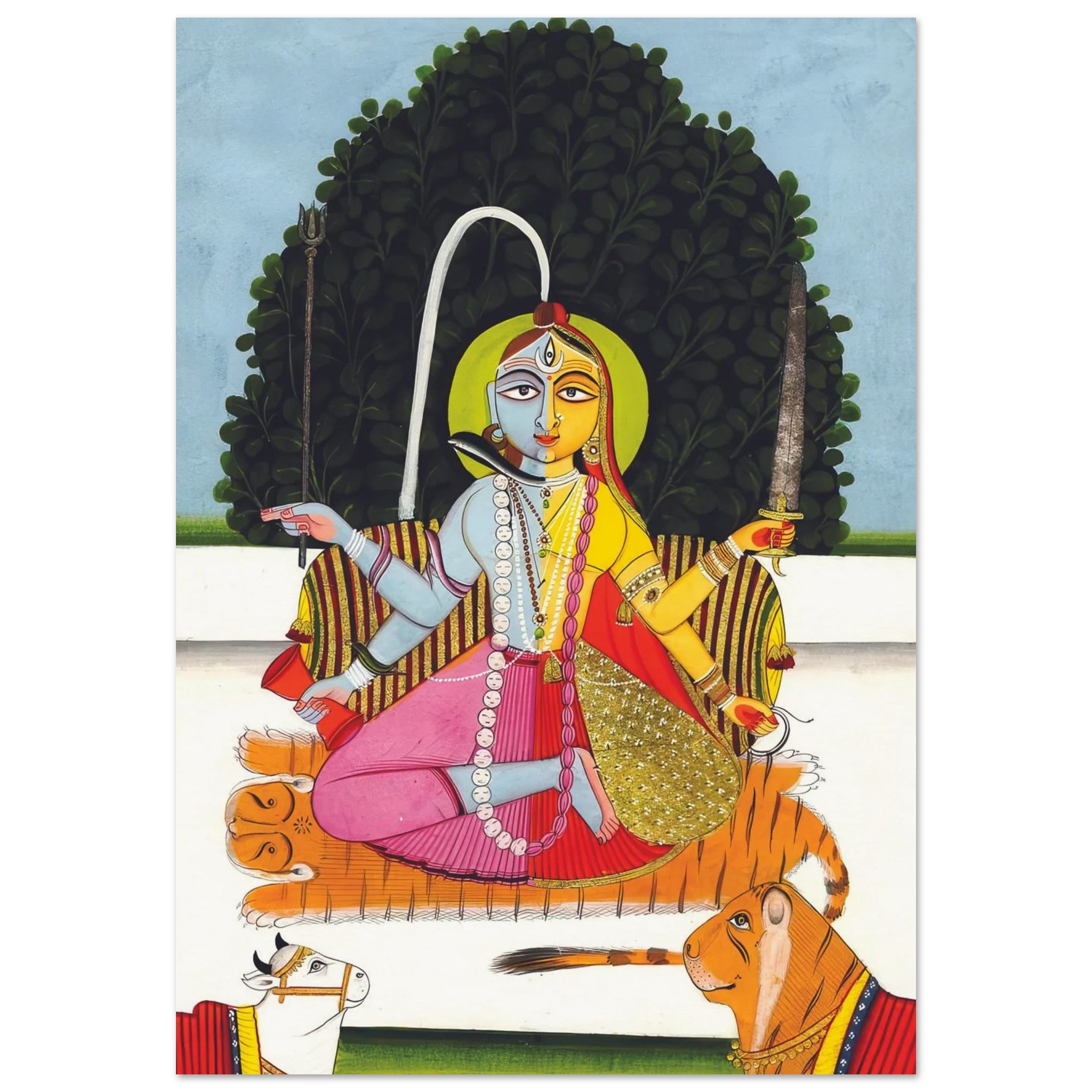A traditional Indian painting of Ardhanari, the half-male half-female deity, seated on a tiger skin with a bull and lion below.