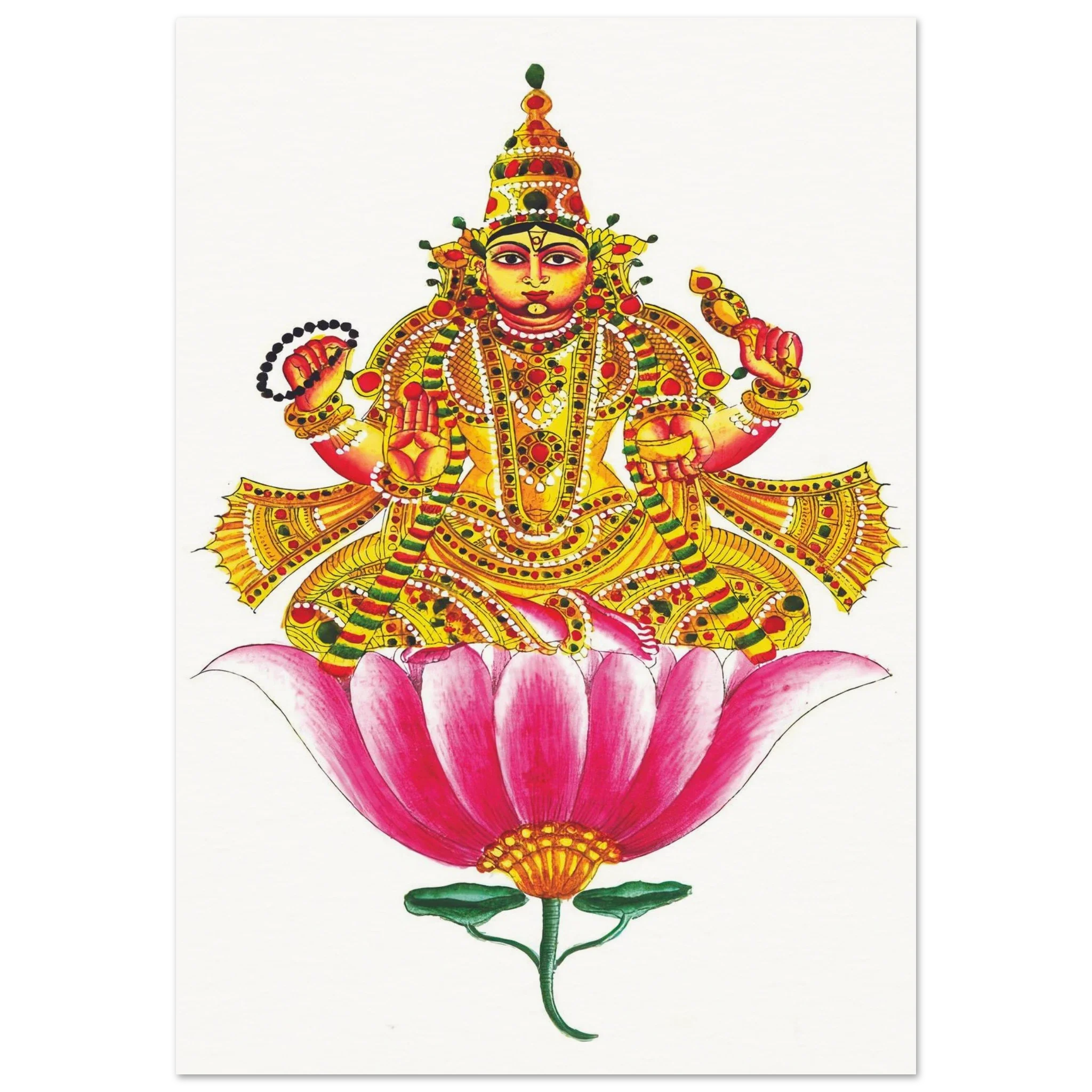 Brihaspati Graha deity adorned in golden ornaments, seated on a pink lotus.