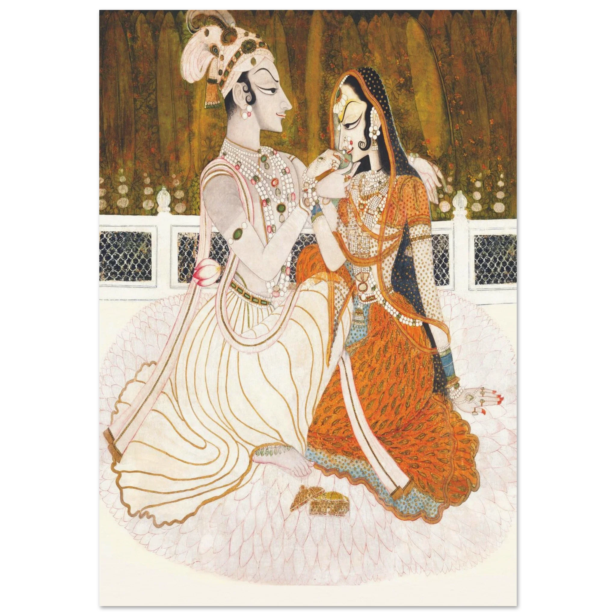 An intricately painted Indian couple seated together, adorned in traditional attire, sharing a loving gesture in a lush garden setting.