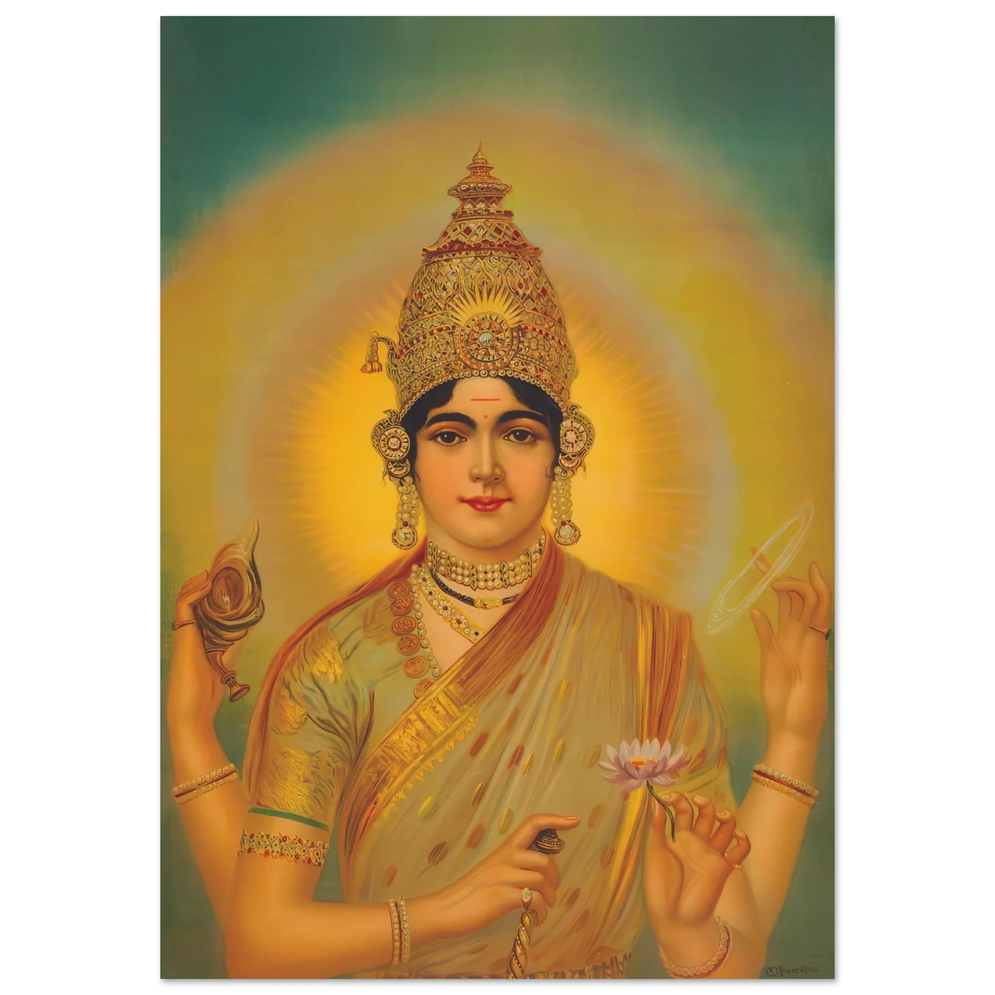 Painting of Indira Devi holding sacred objects and a lotus, with golden aura and traditional attire