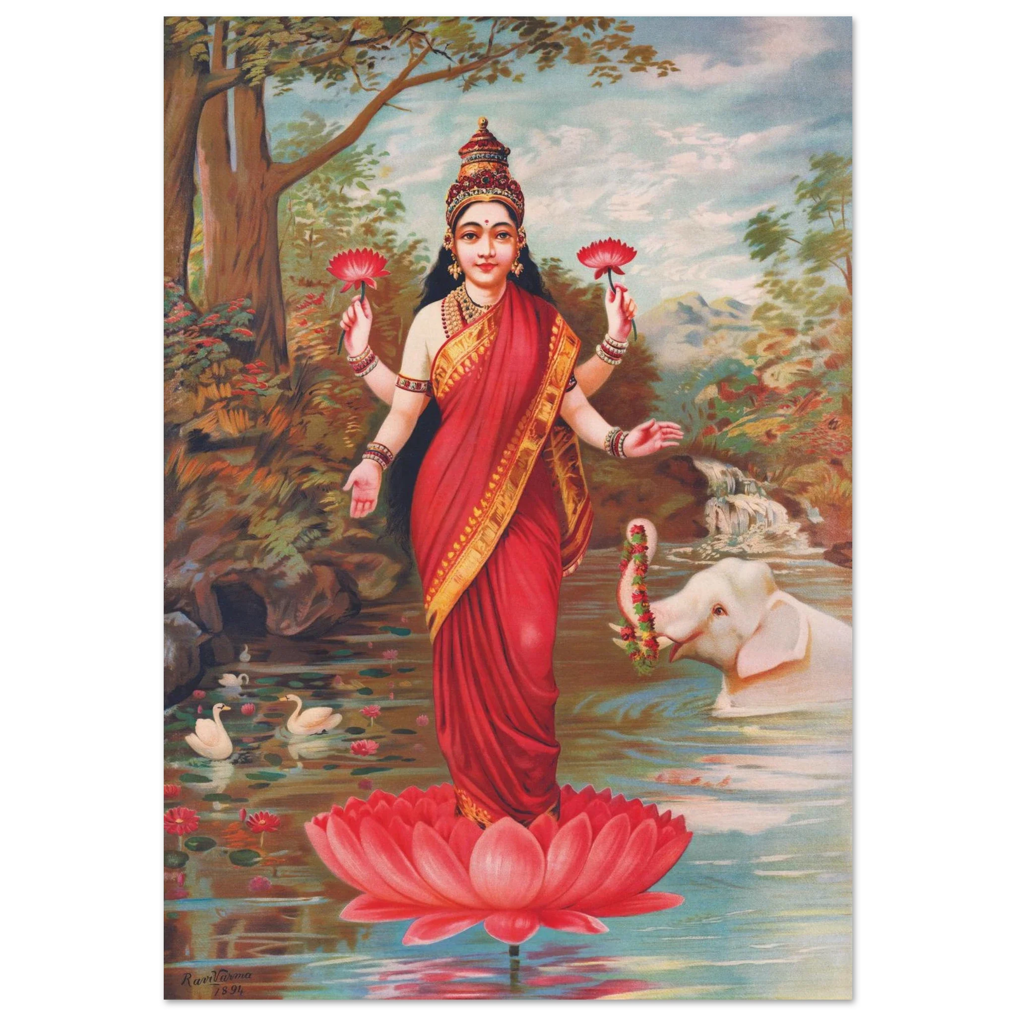 Lakshmi standing on a lotus in a river, holding lotuses, surrounded by elephants