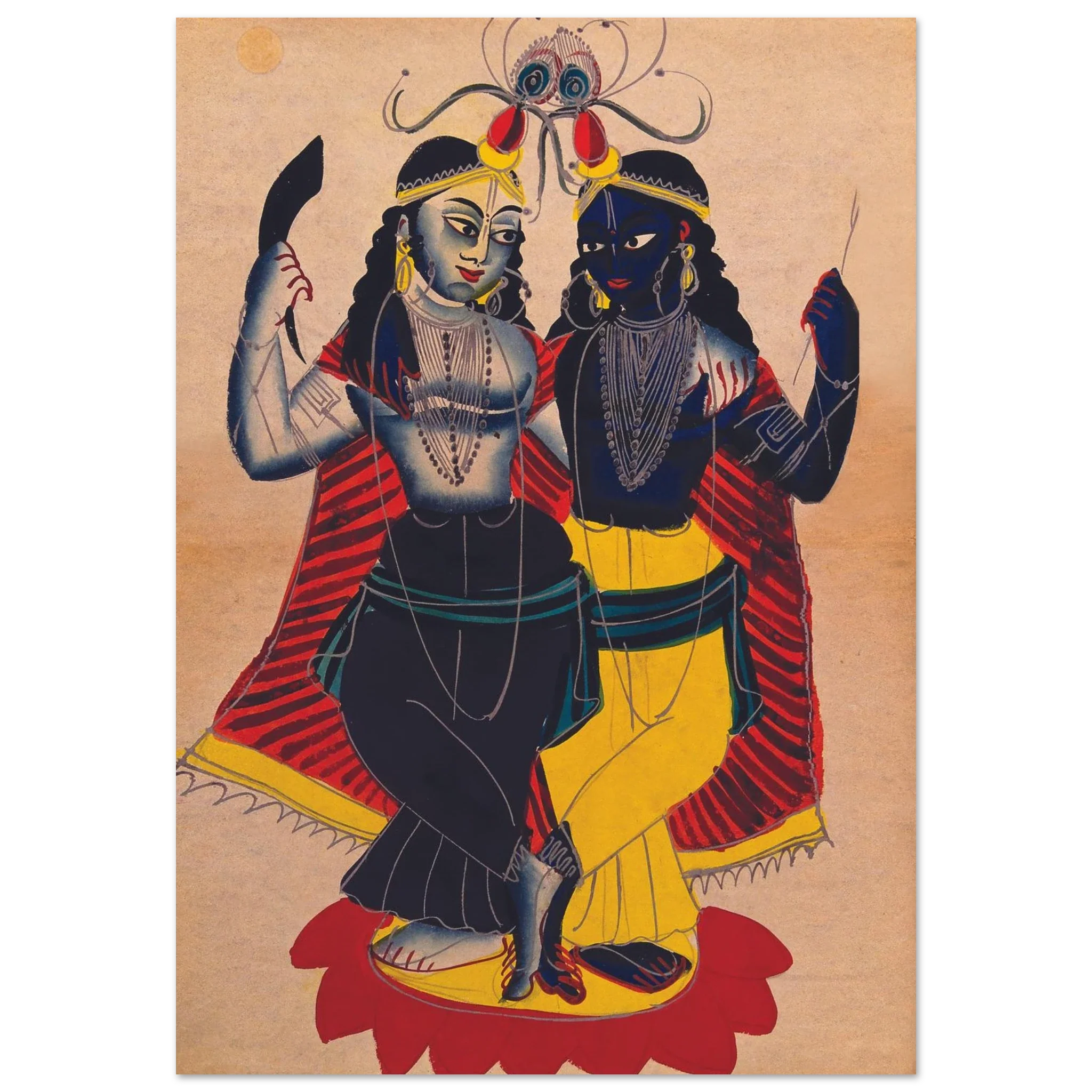 Krishna and Radha standing together on a lotus, adorned in traditional attire with red and blue tones
