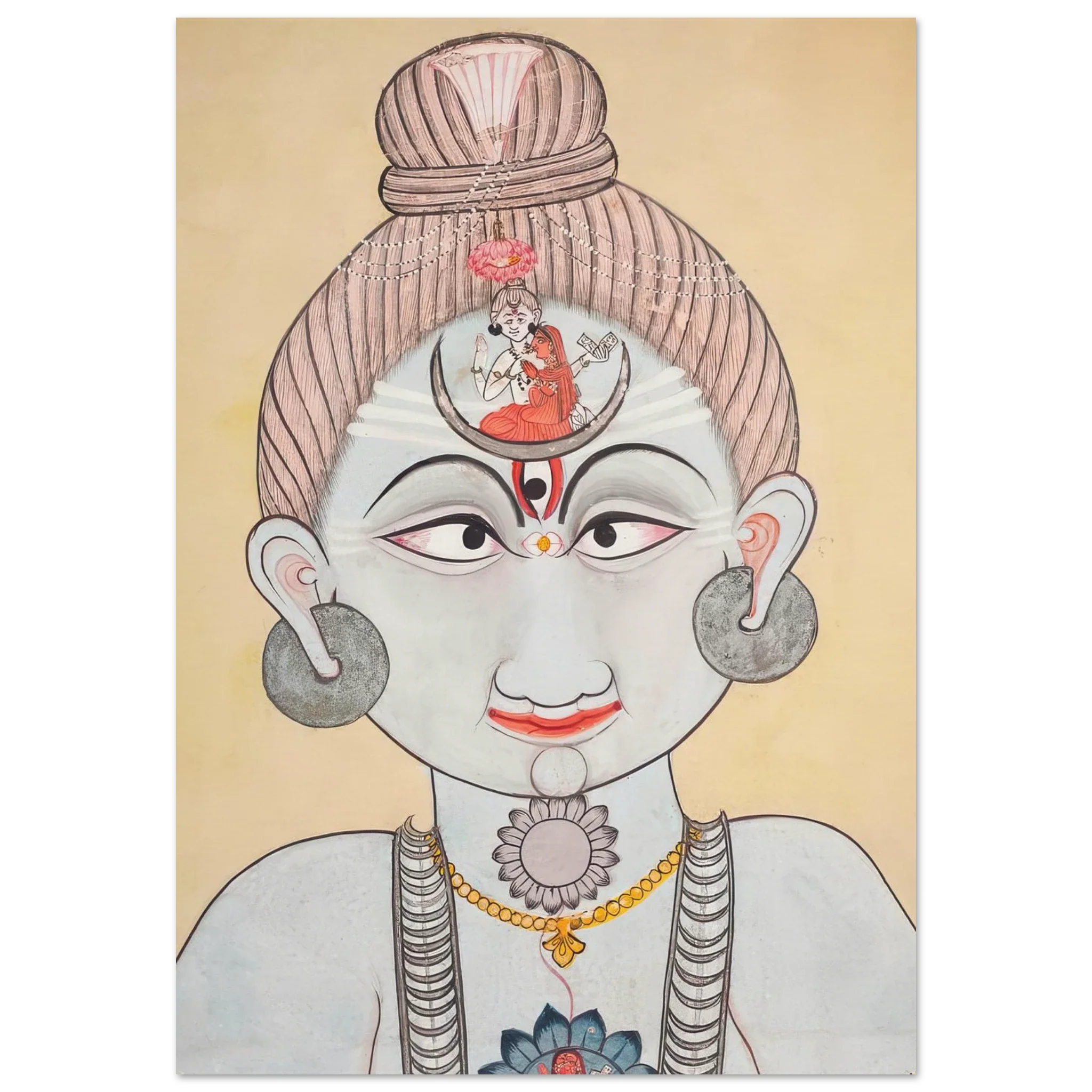 Sacred painting of a Nath Yogi with third eye, crescent moon, divine figures, and lotus symbols, exuding spiritual calm and inner power.