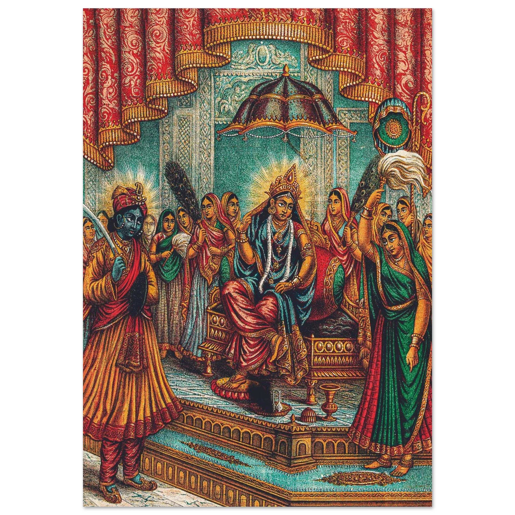 Painting of Krishna standing before Radha seated on a throne, surrounded by women