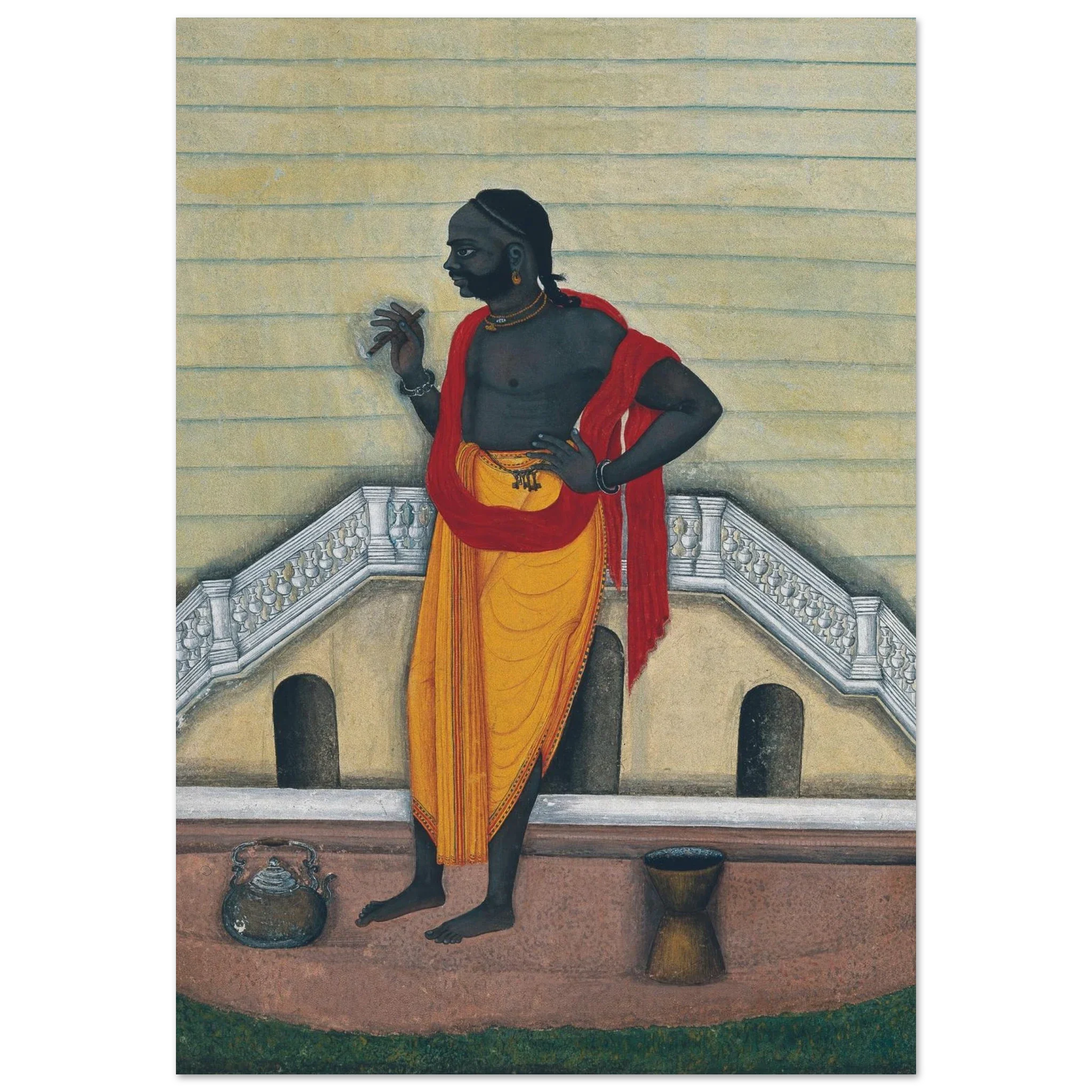 Man in yellow dhoti smoking a cigar on architectural backdrop