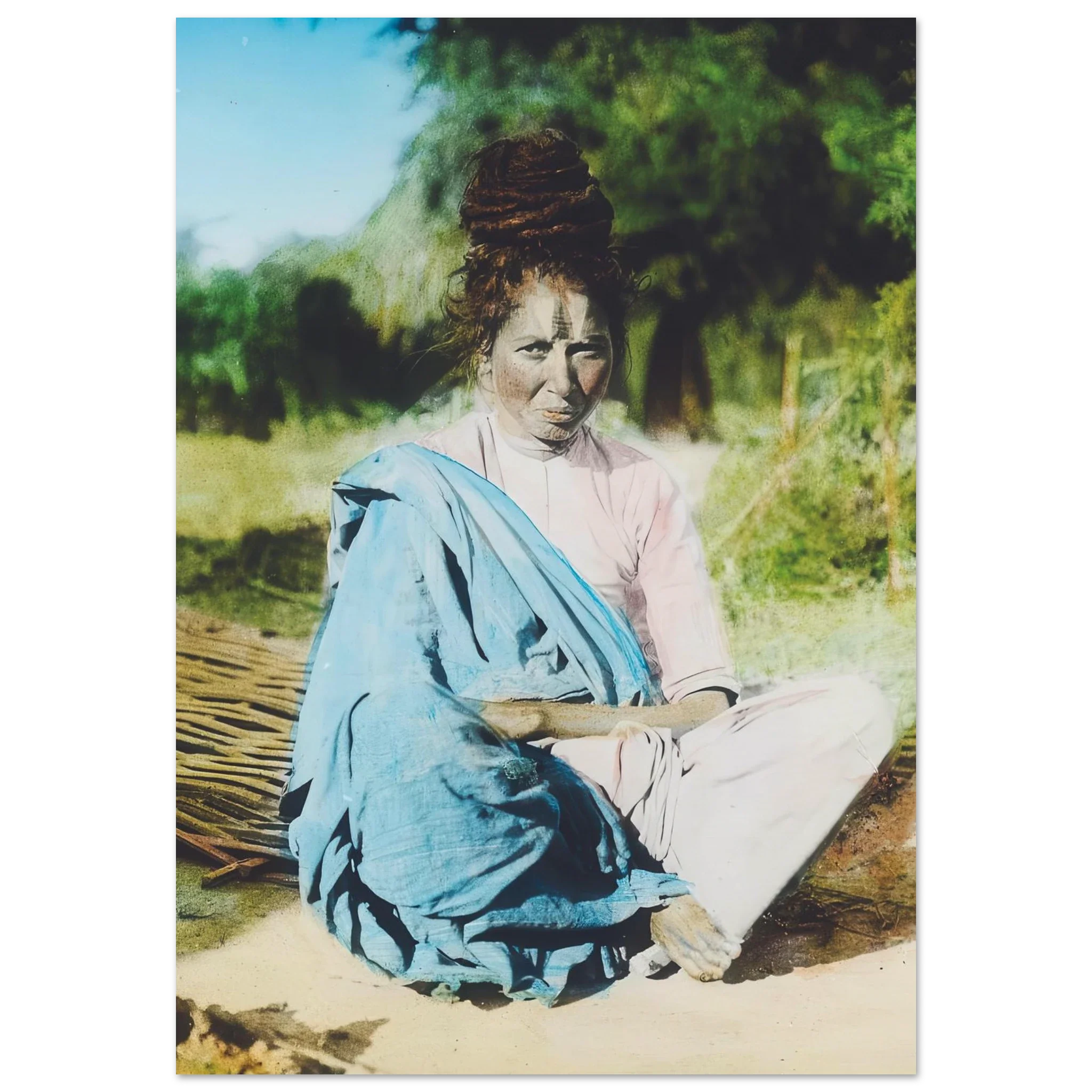 Mystic woman seated on the ground in Chanpatia, India, early 1900s