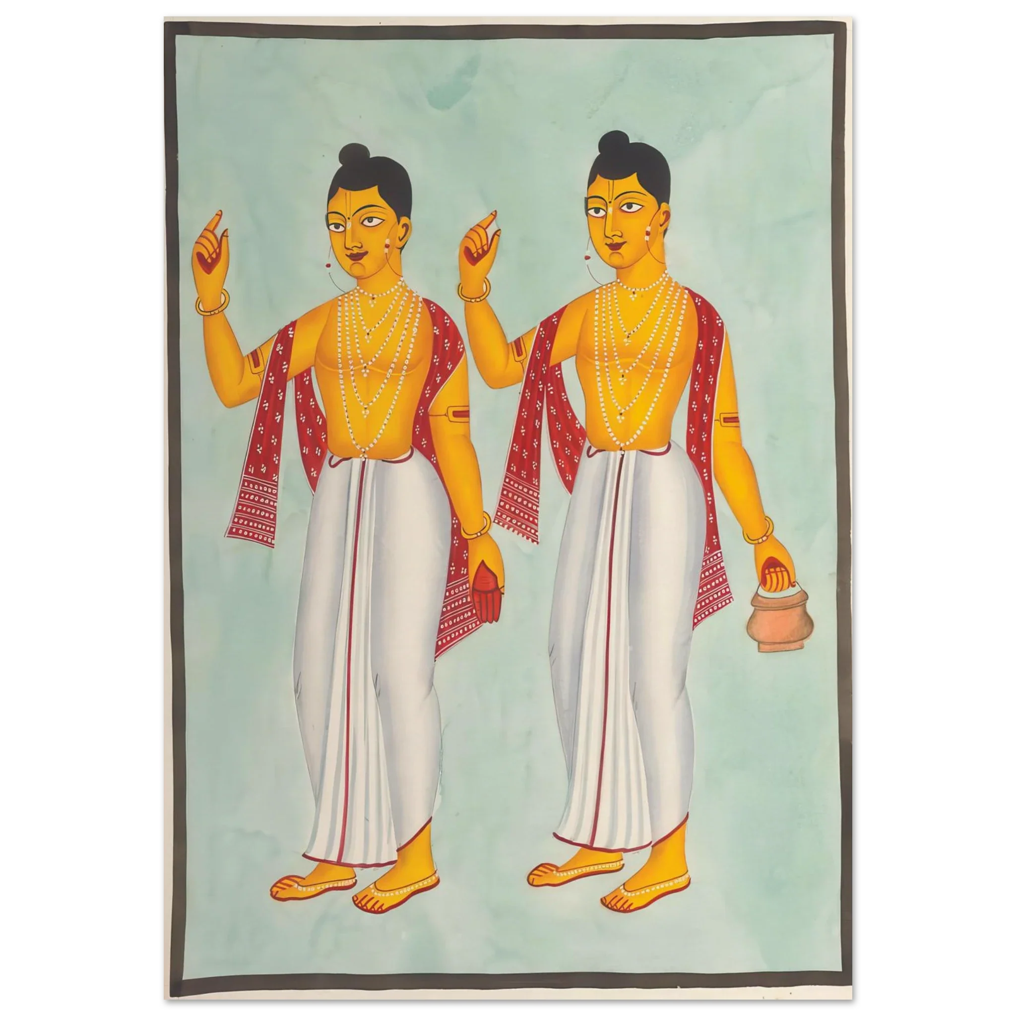 Kalighat painting of Gaur and Nitai in golden robes, red shawls and spiritual gestures.