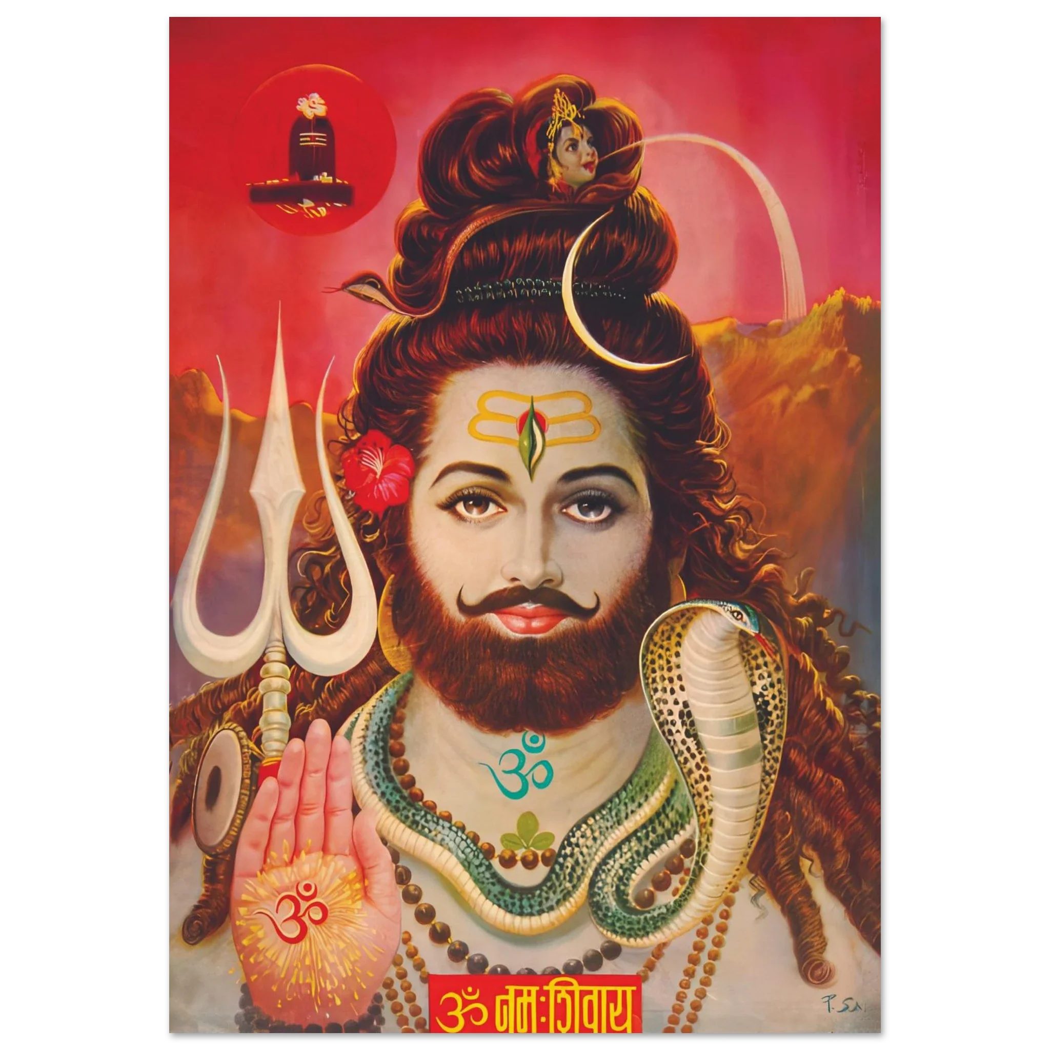 Painting of Bearded Shiva with Trident, Om symbol, Snake, and Sacred Adornments