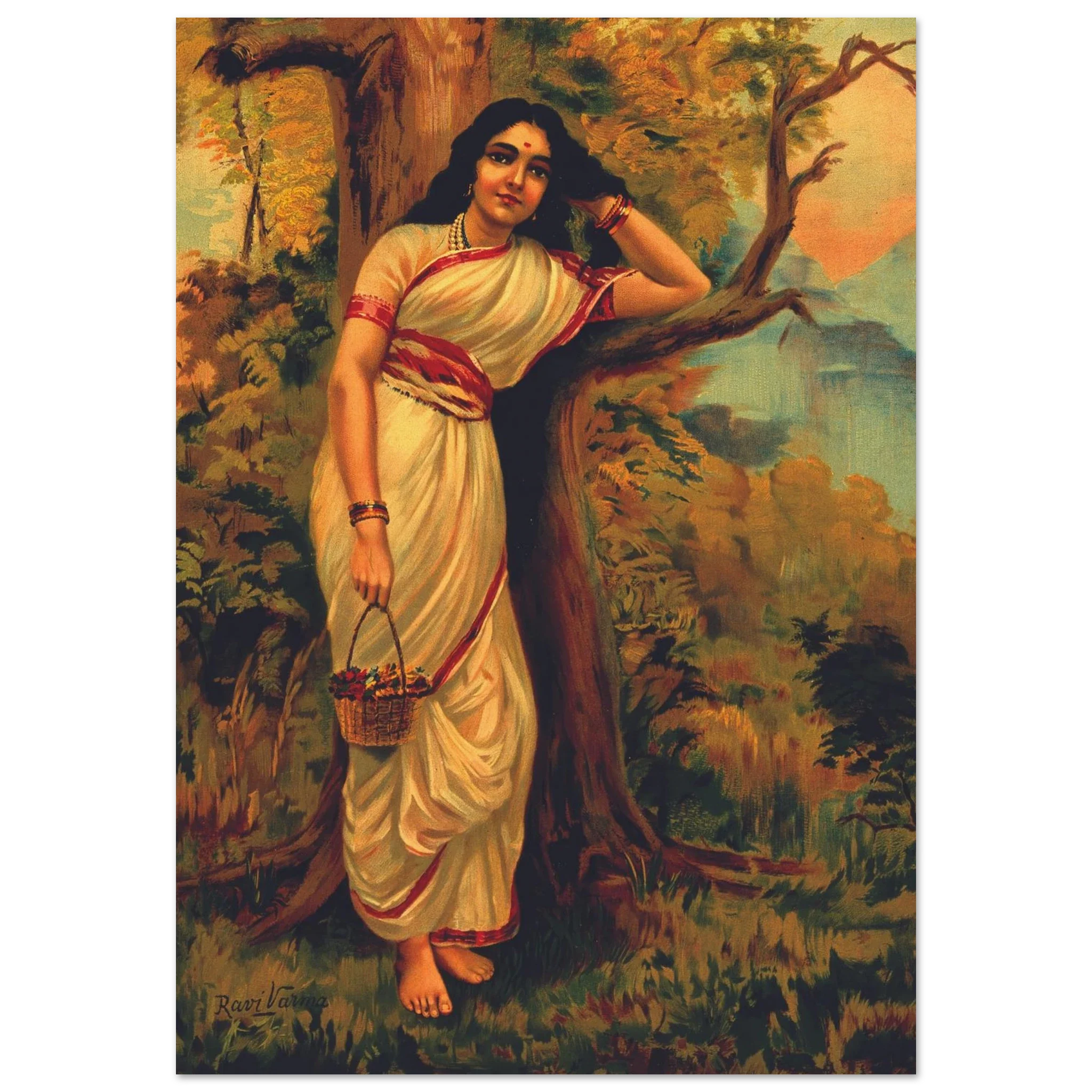 Ahalya leaning against a tree in a forest, holding a basket of flowers, wearing a white saree with red border.
