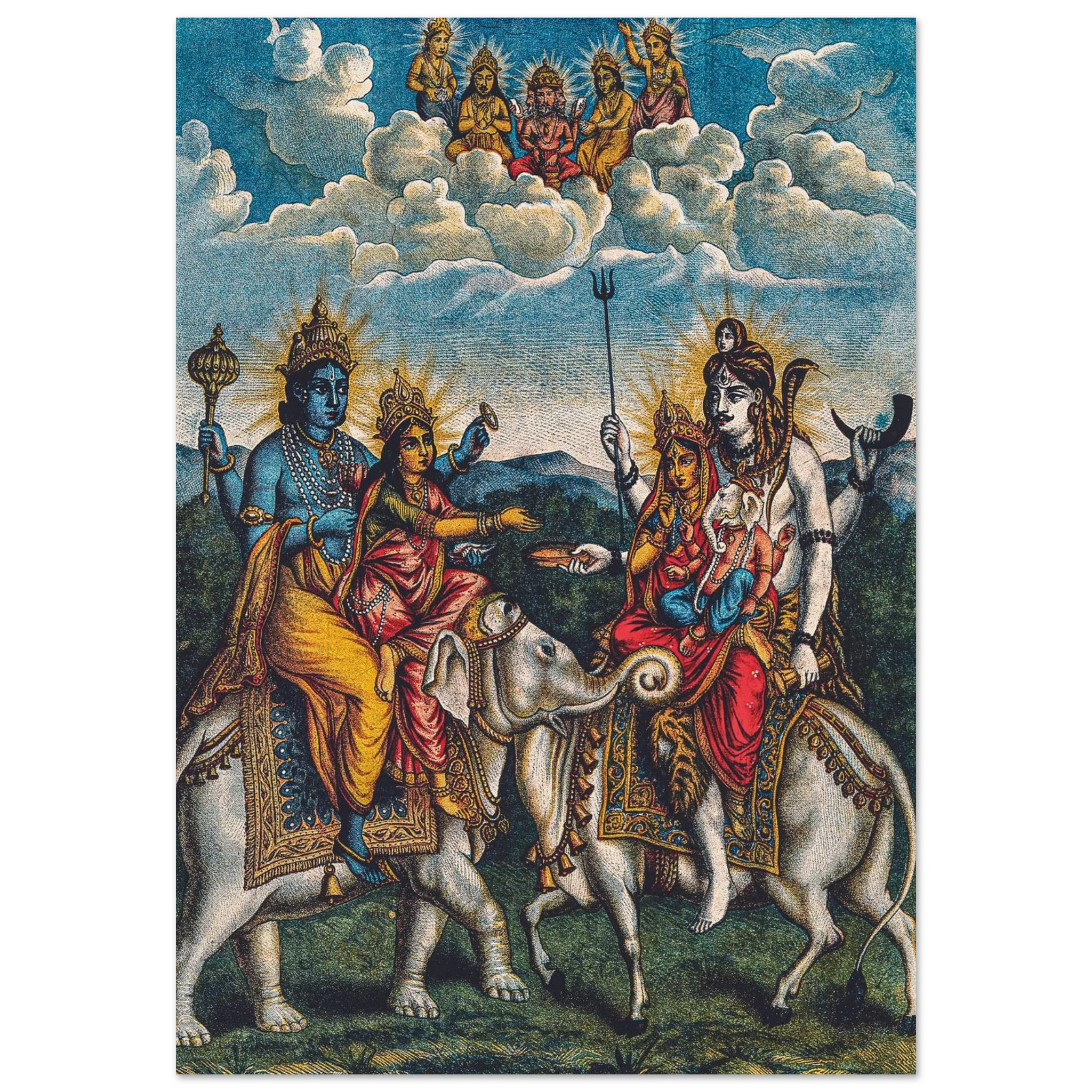 Vishnu and Lakshmi meet Shiva, Parvati, and Ganesha on sacred mounts