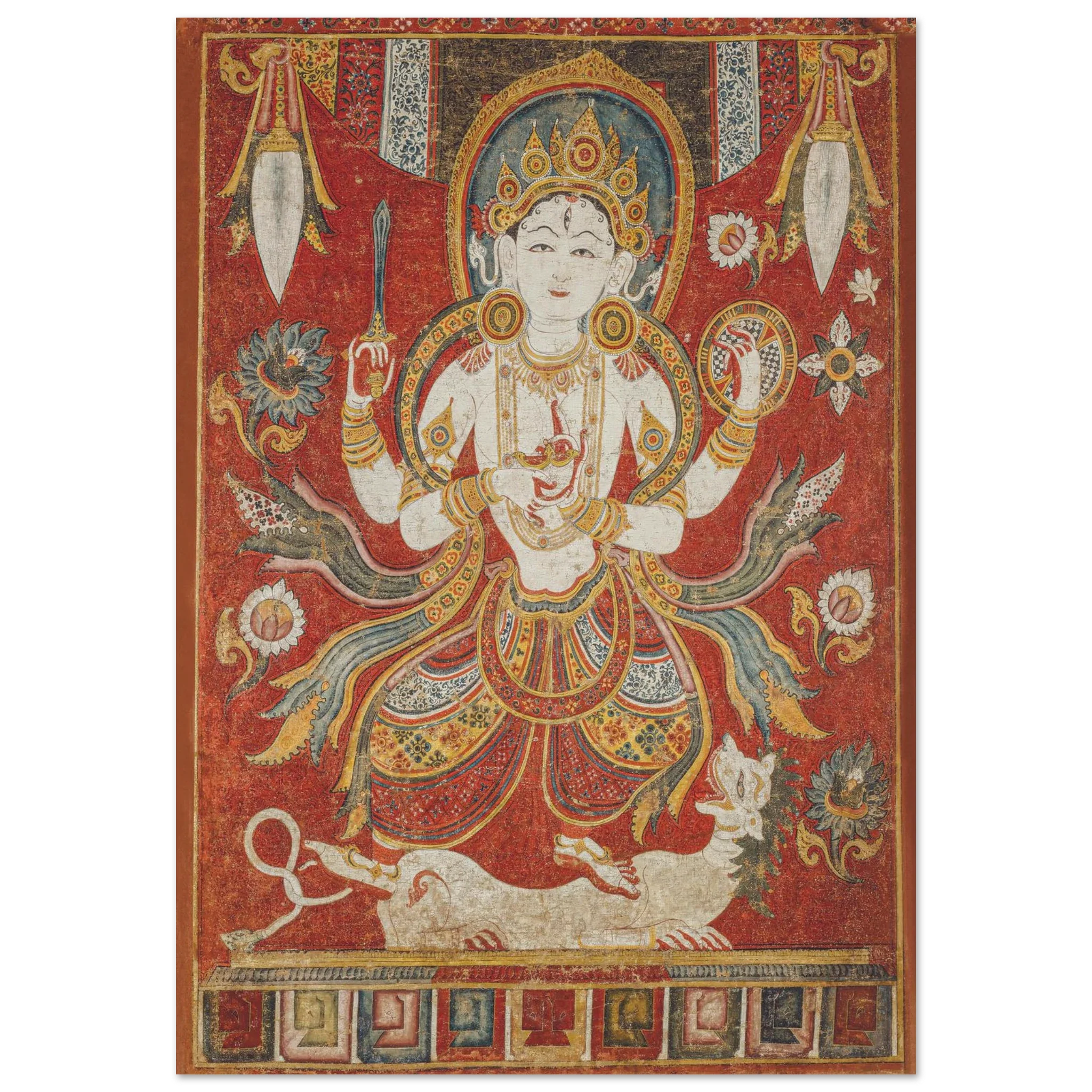 Traditional paubha painting of Shiva with multiple arms holding weapons and symbols