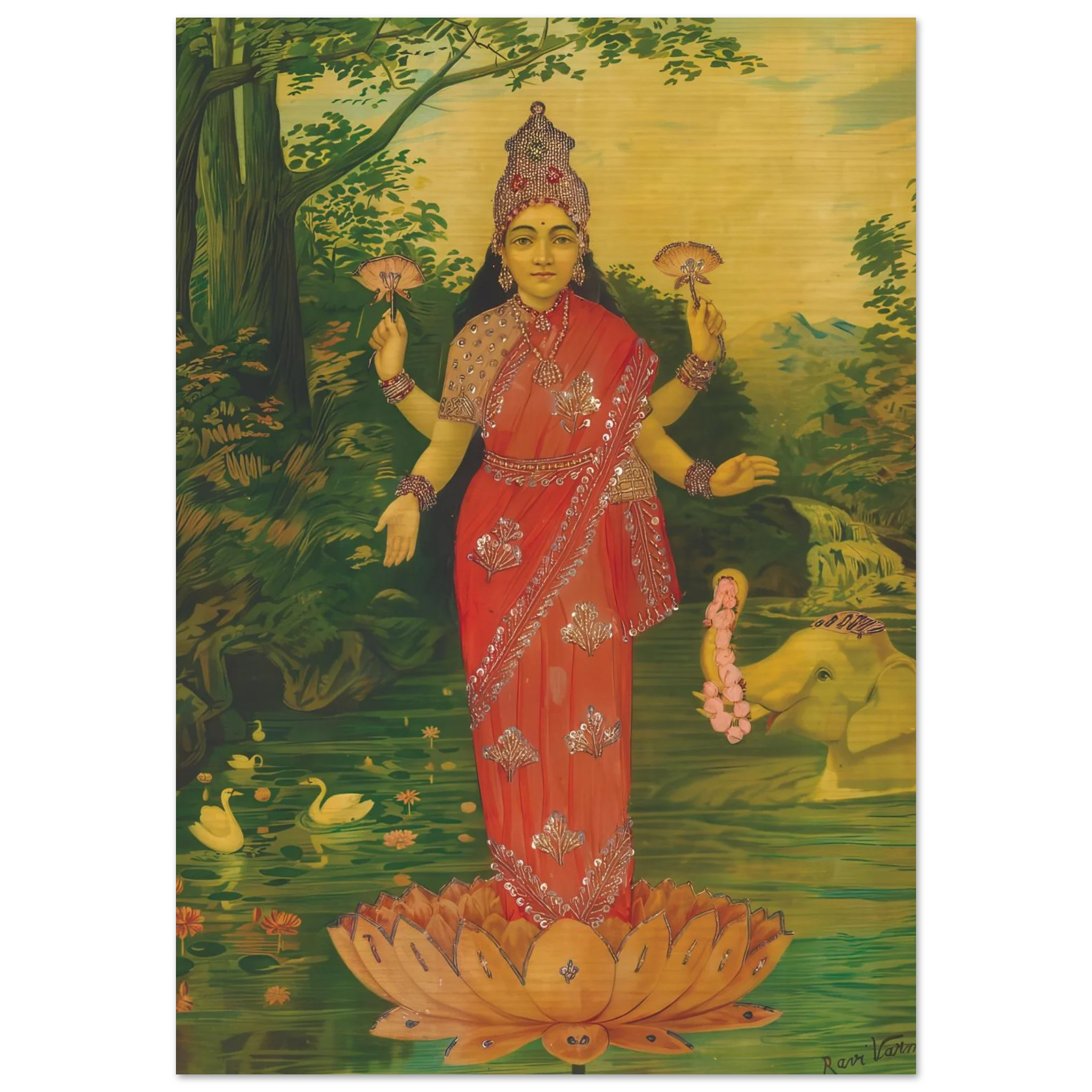 Lakshmi in embellished red sari standing on lotus with elephant offering garland