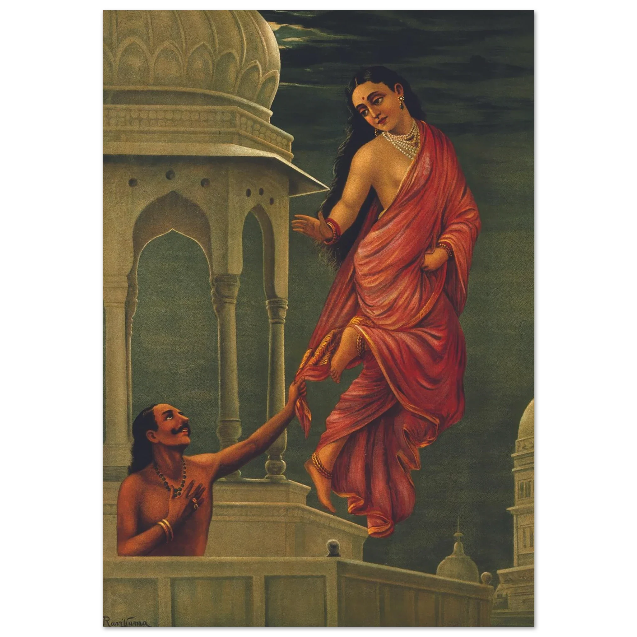Painting of a celestial woman in red sari ascending while a man reaches up from below