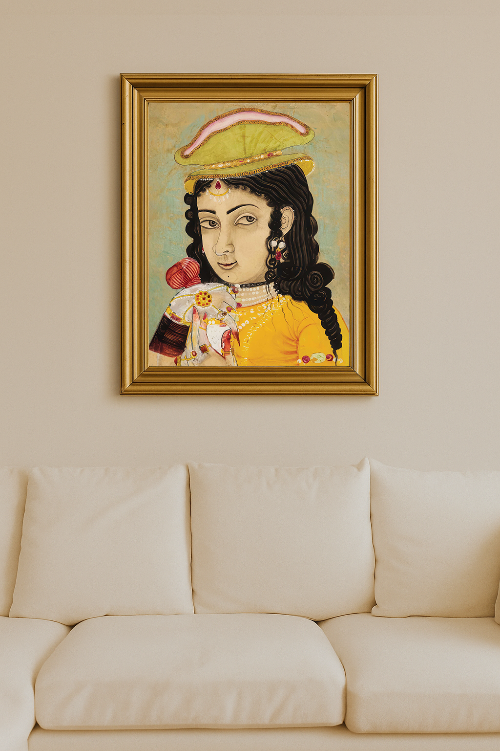 Painting of a European woman in yellow dress holding a bottle and cup, Rajasthani art with ornate jewelry and soft gaze