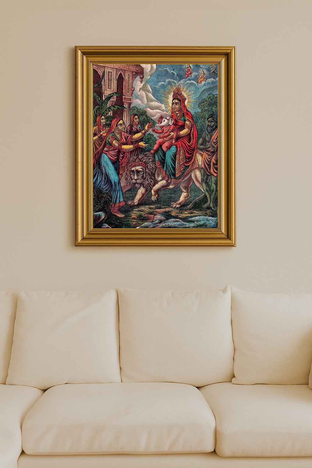 Durga-like goddess riding a lion and offering infant Ganesha to a woman, surrounded by divine beings and devotees in a lush forest temple scene.