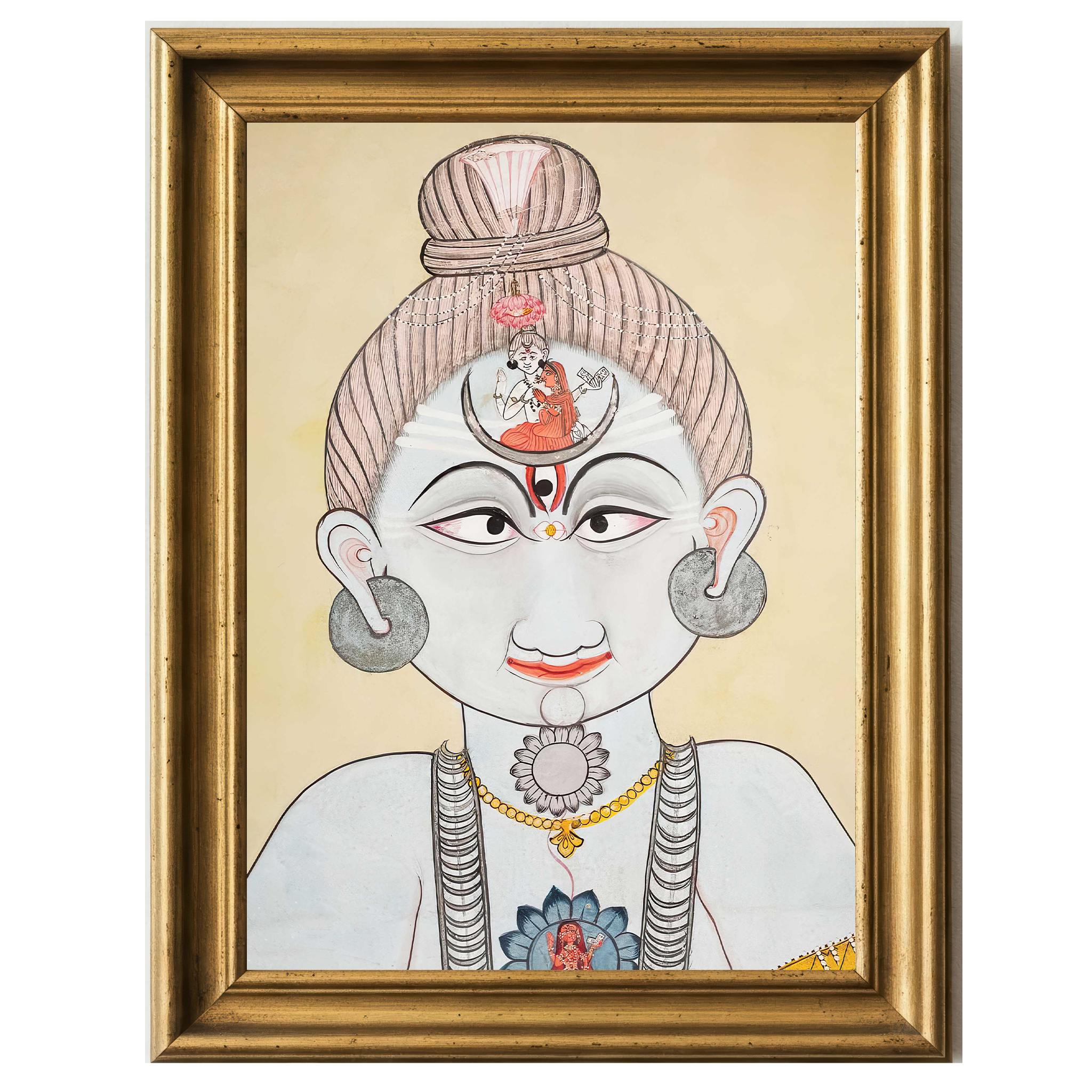 Sacred painting of a Nath Yogi with third eye, crescent moon, divine figures, and lotus symbols, exuding spiritual calm and inner power.