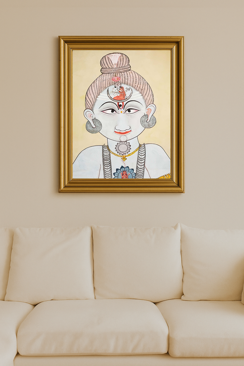 Sacred painting of a Nath Yogi with third eye, crescent moon, divine figures, and lotus symbols, exuding spiritual calm and inner power.