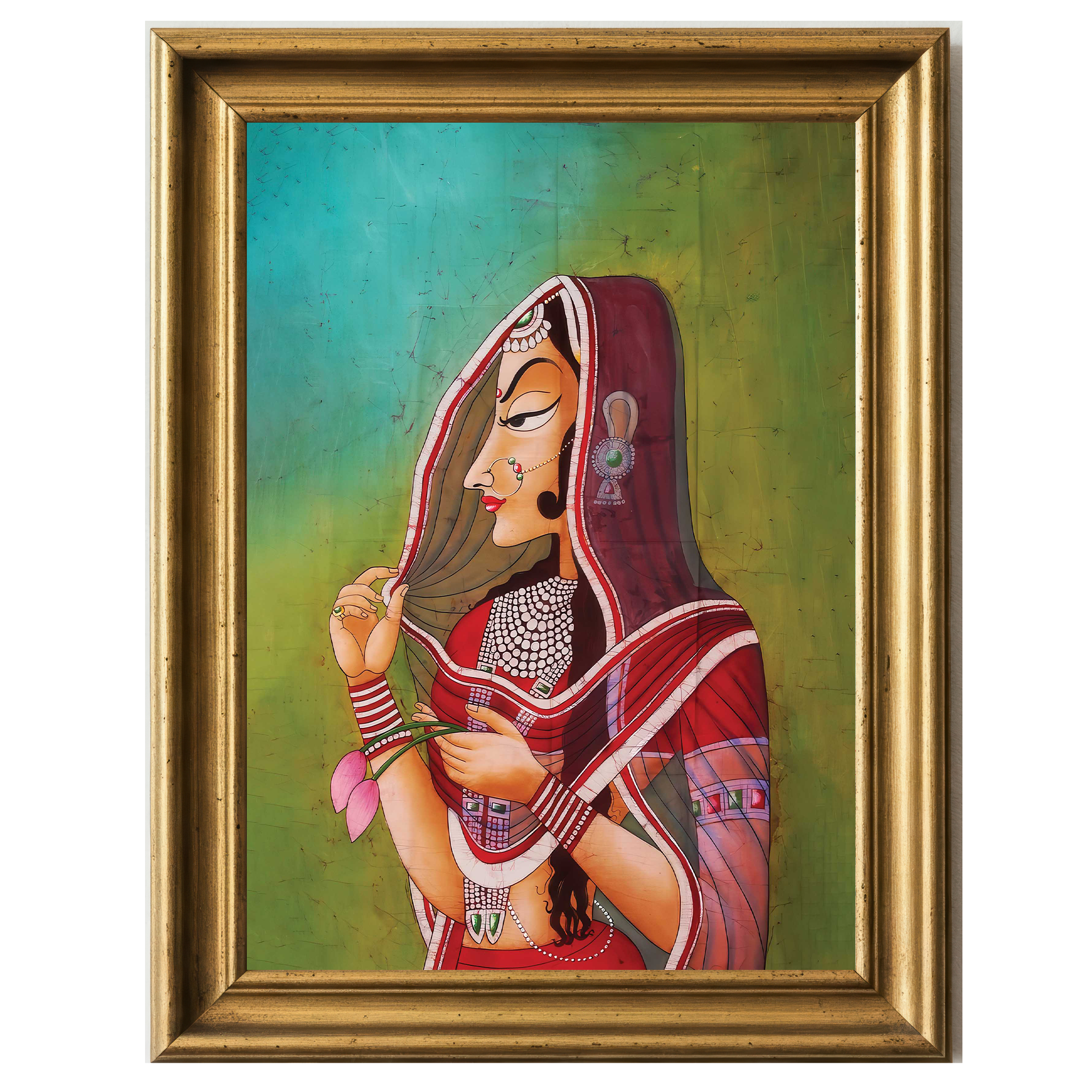 Traditional Indian woman in red saree holding lotus flowers, eyes closed in contemplation against a green background.
