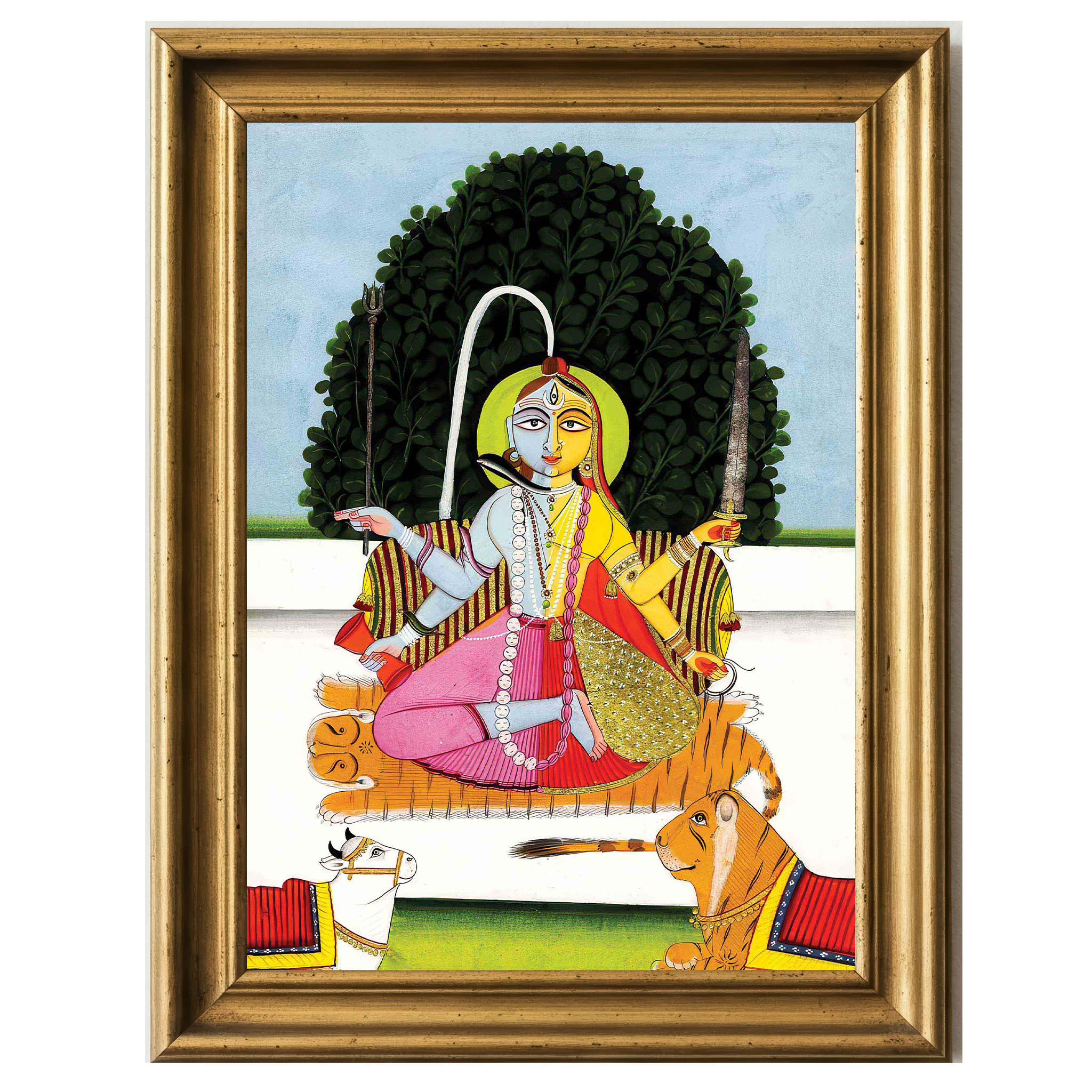 A traditional Indian painting of Ardhanari, the half-male half-female deity, seated on a tiger skin with a bull and lion below.