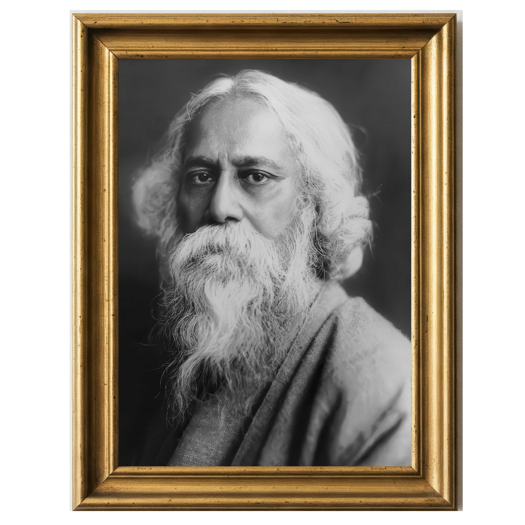 Black and white photographic portrait of Rabindranath Tagore with flowing beard and contemplative expression.