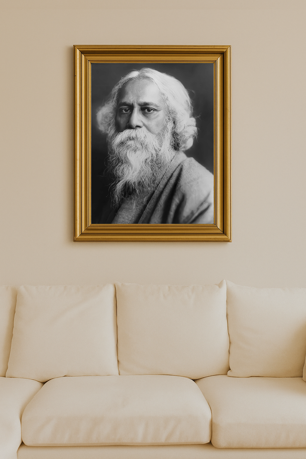 Black and white photographic portrait of Rabindranath Tagore with flowing beard and contemplative expression.