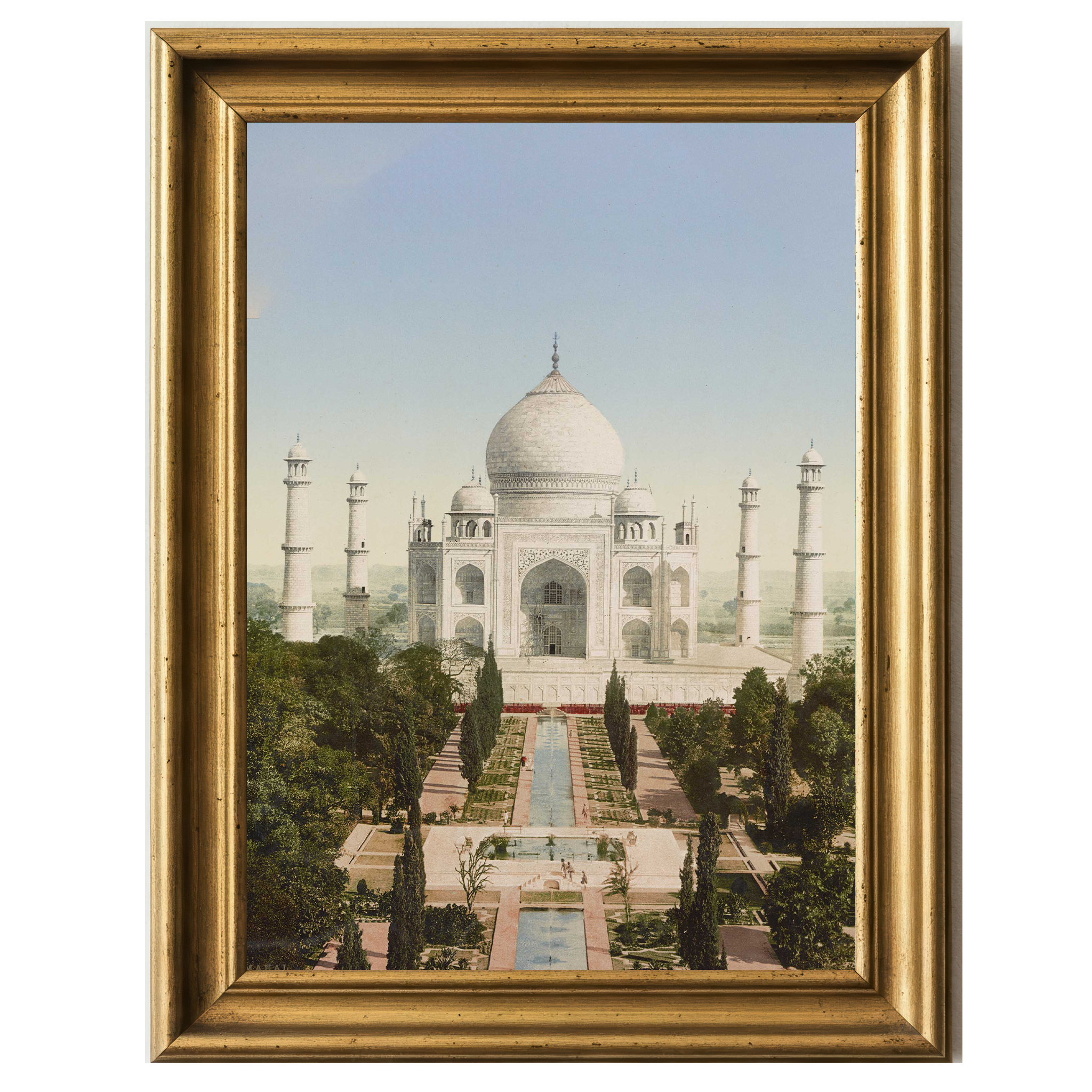 Vintage print of the Taj Mahal with reflecting pool and surrounding gardens in Agra, India